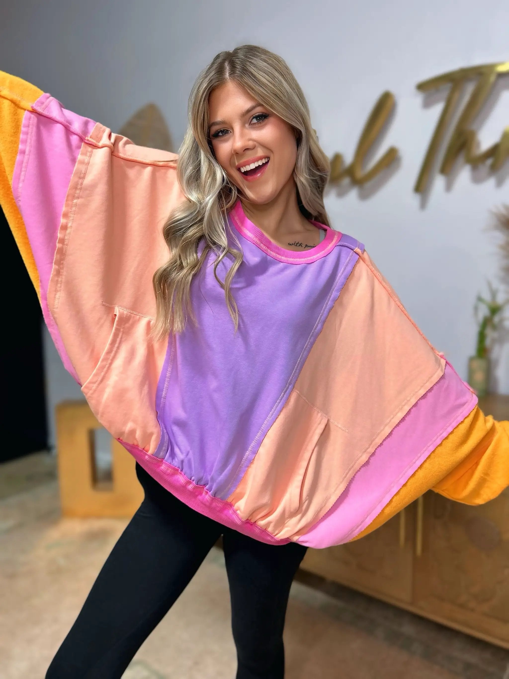BiBi Colorblock Patchwork Exposed Seam Sweatshirt - Sweatshirts