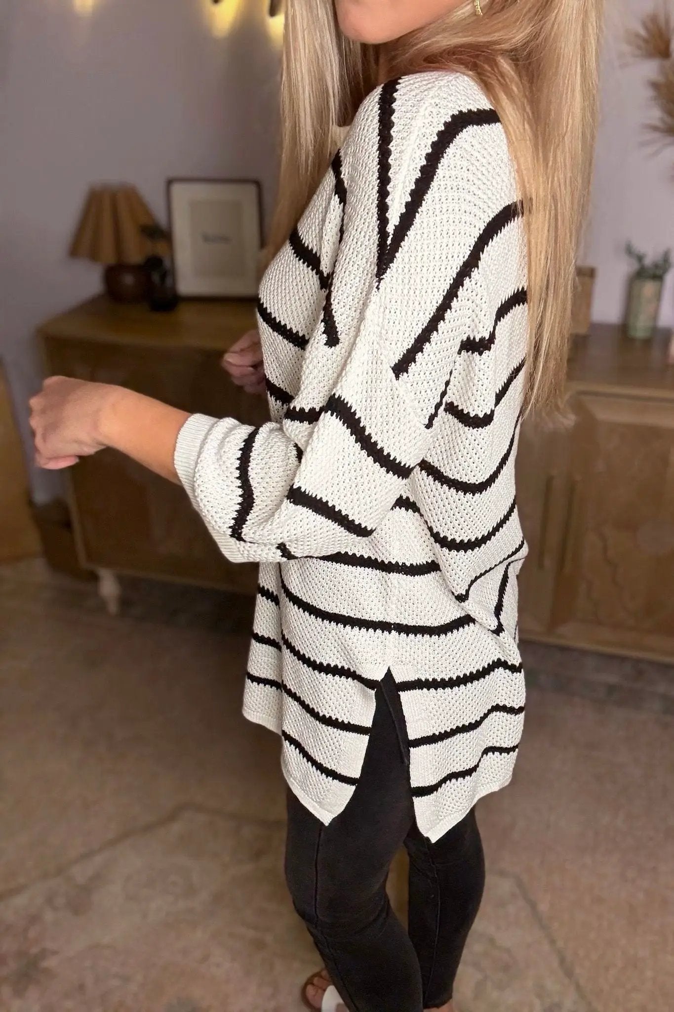 Grateful Threads Boutique White Stripe Henley Buttoned Placket Drop Shoulder Bracelet Sleeve Knit Sweater Tee - Sweaters White Stripe Henley Buttoned Placket Drop Shoulder Bracelet Sleeve Knit Sweater Tee