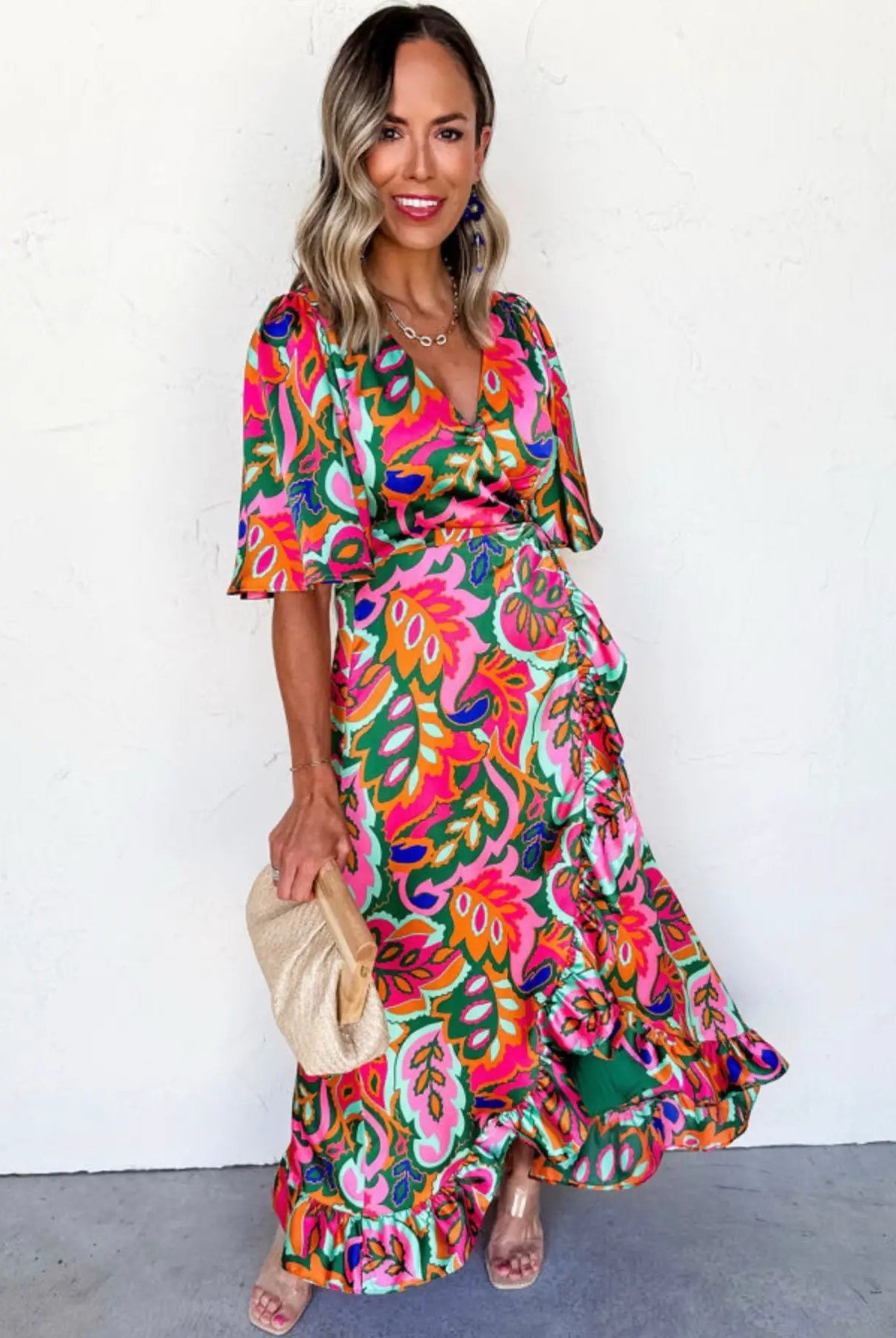 Grateful Threads Boutique Rose Summer Plant Print Surpliced V-Neck Ruffled Asymmetric Slit Short Sleeve Maxi Dress - Dresses