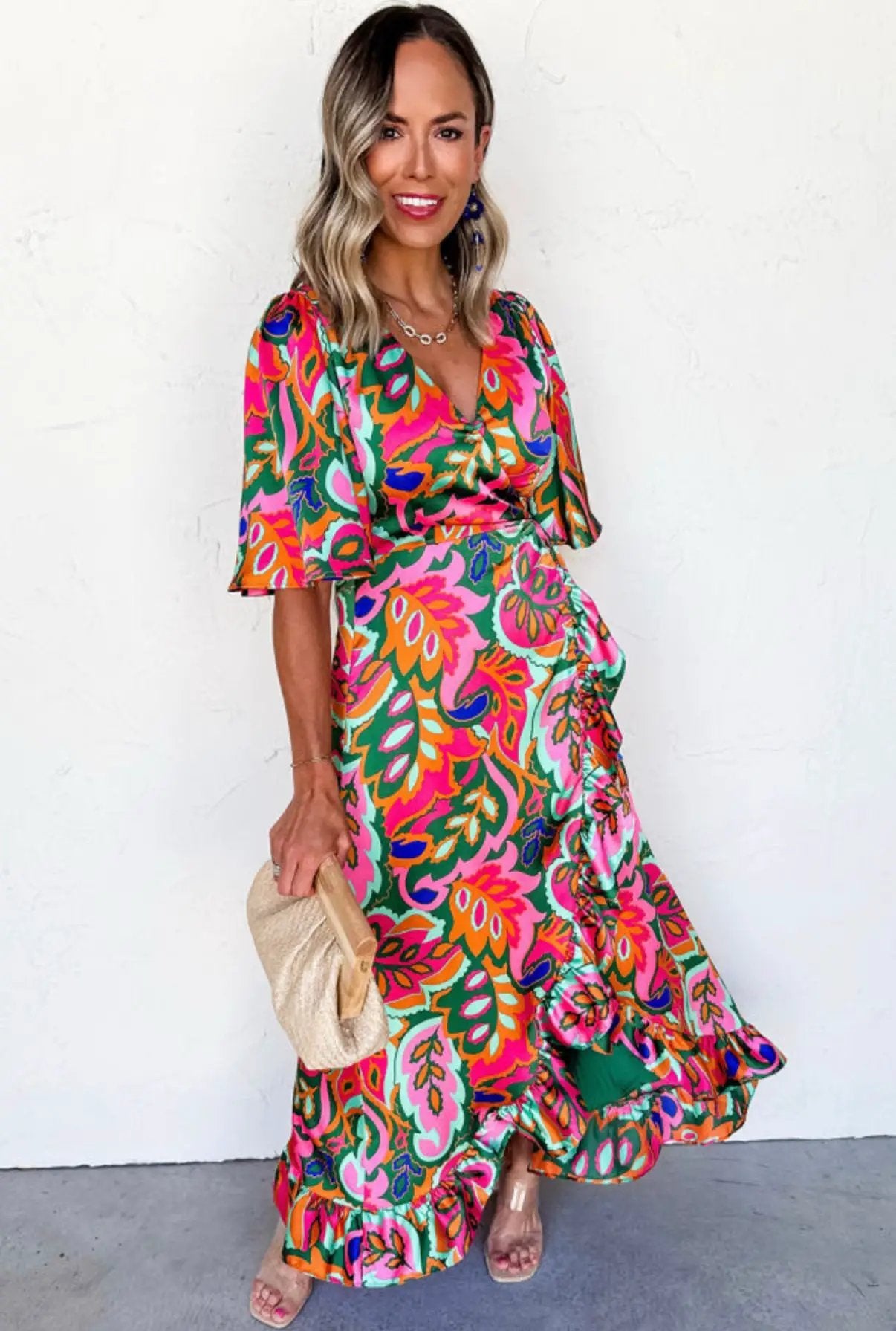 Grateful Threads Boutique Rose Summer Plant Print Surpliced V-Neck Ruffled Asymmetric Slit Short Sleeve Maxi Dress - Dresses