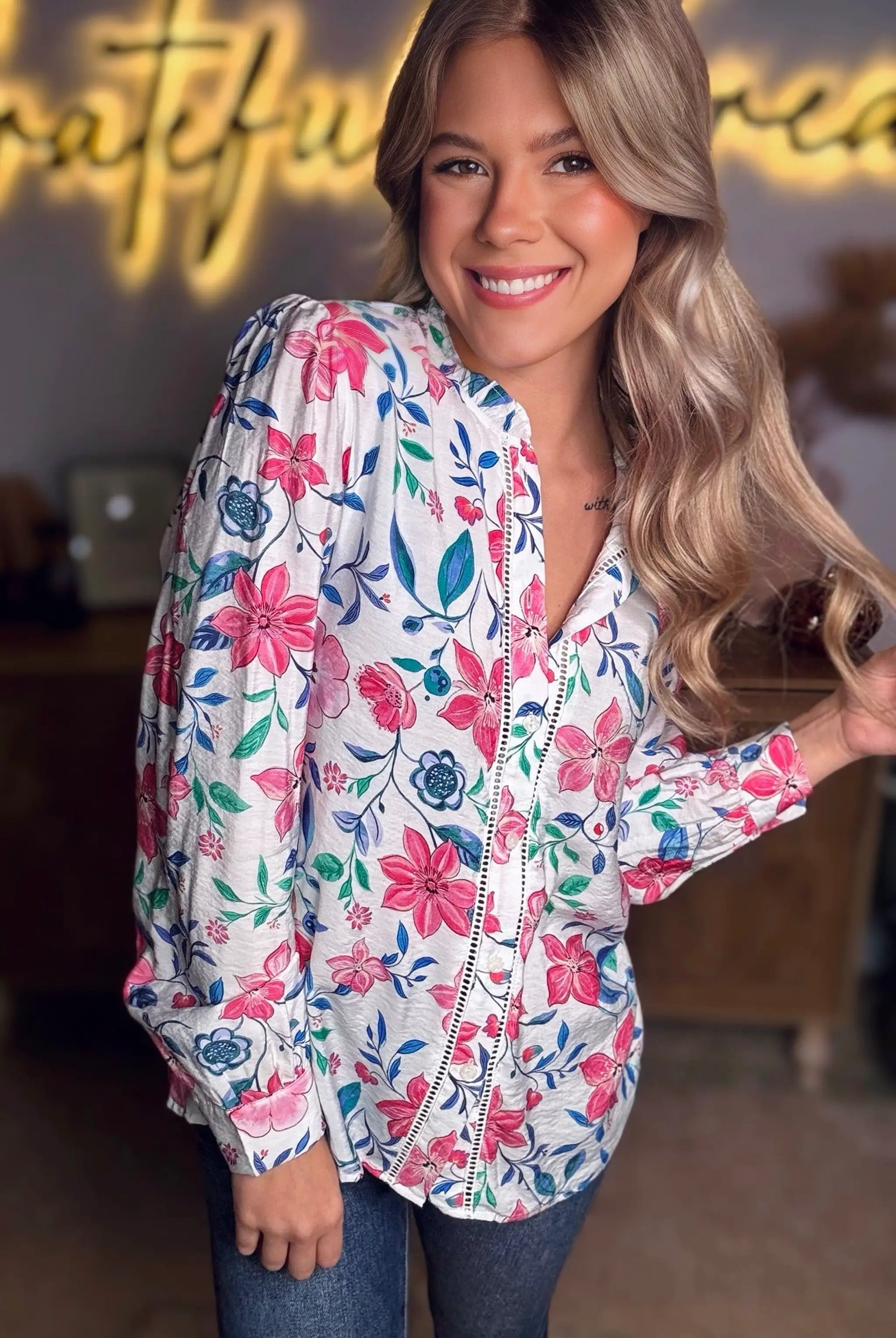 Grateful Threads Boutique Pink Floral Print Lace Detail Button-up Long Sleeve Shirt - Shirts Pink Floral Print Lace Detail Button-up Long Sleeve Shirt