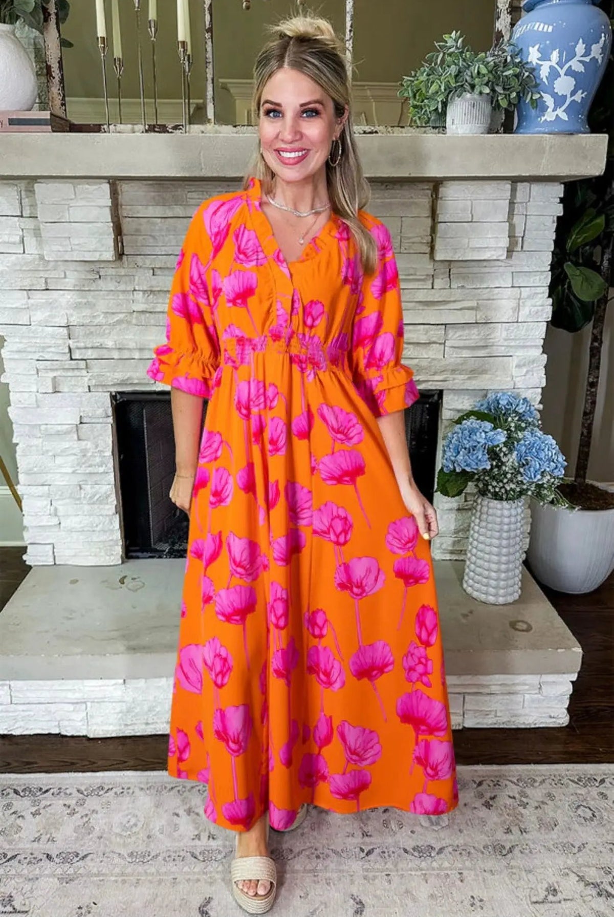 Grateful Threads Boutique Orange Floral Print Frilly Smocked V Neck 3/4 Sleeve Long Dress - Dresses Orange Floral Print Frilly Smocked V Neck 3/4 Sleeve Long Dress