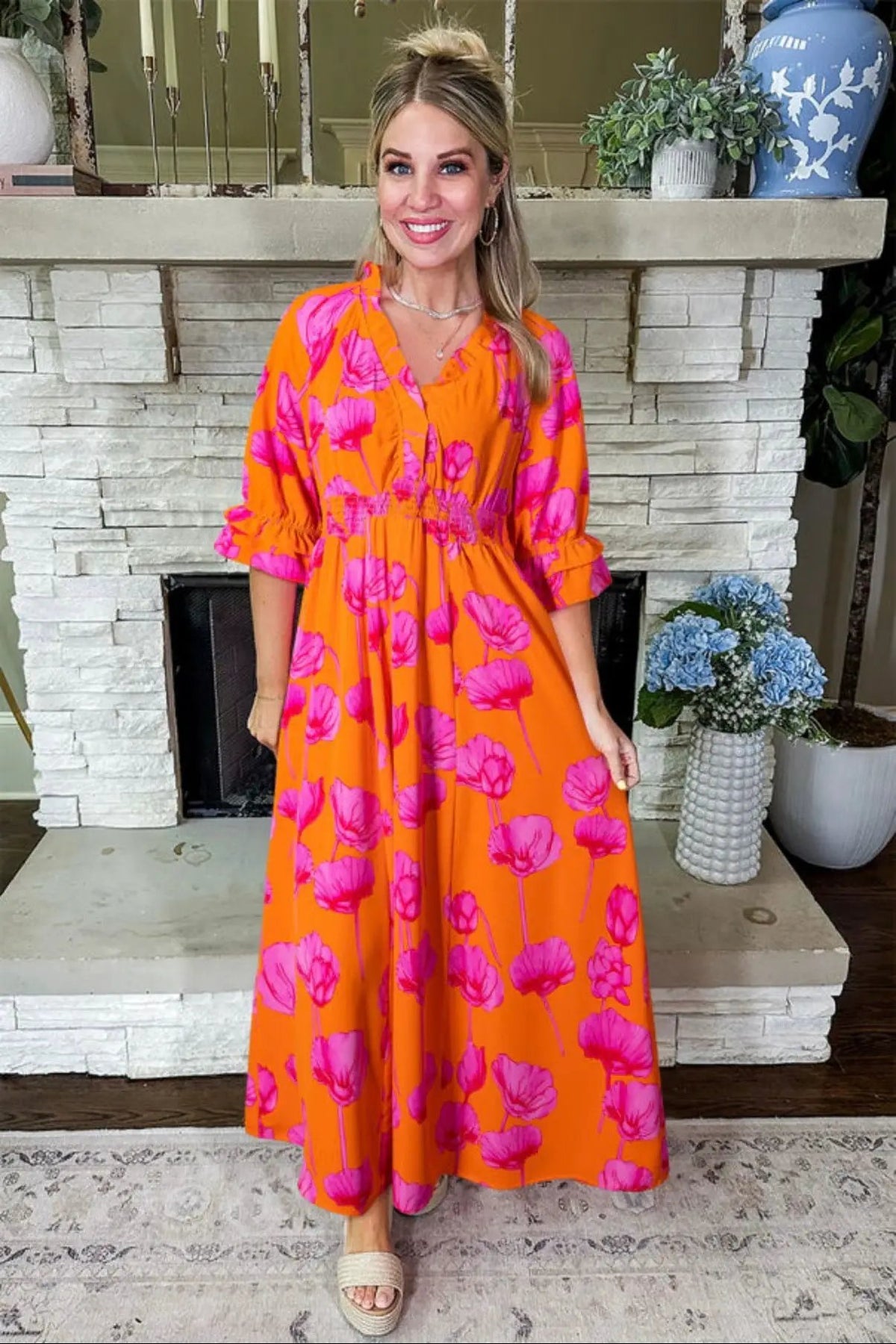 Grateful Threads Boutique Orange Floral Print Frilly Smocked V Neck 3/4 Sleeve Long Dress - Dresses Orange Floral Print Frilly Smocked V Neck 3/4 Sleeve Long Dress