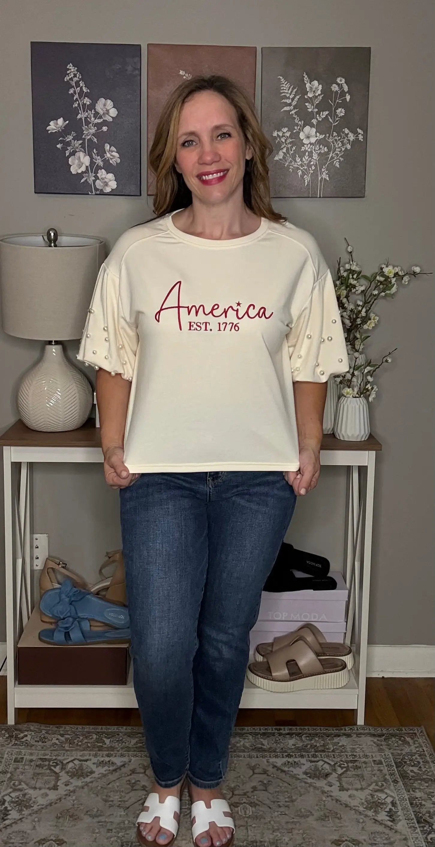 Grateful Threads Boutique America Embroidered Pearl Beaded Puff Sleeve Blouse - Blouses embroidered america pearl puff sleeve blouse