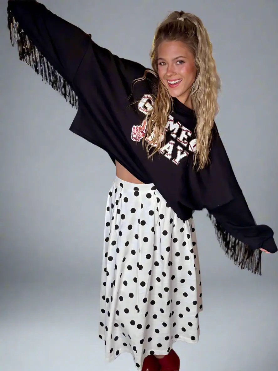 Grateful Threads Boutique Black GAME DAY Sequined Tassel Cropped Sweatshirt - Sweatshirts Black GAME DAY Rugby Sequined Tasseled Cropped Sweatshirt