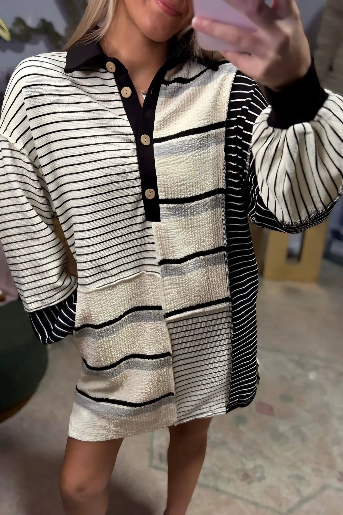 Grateful Threads Boutique City Stripe Collared Henley Dress - Dresses Black Stripe Colorblock Knit Henley Collar Shift Long Sleeve Mini Dress