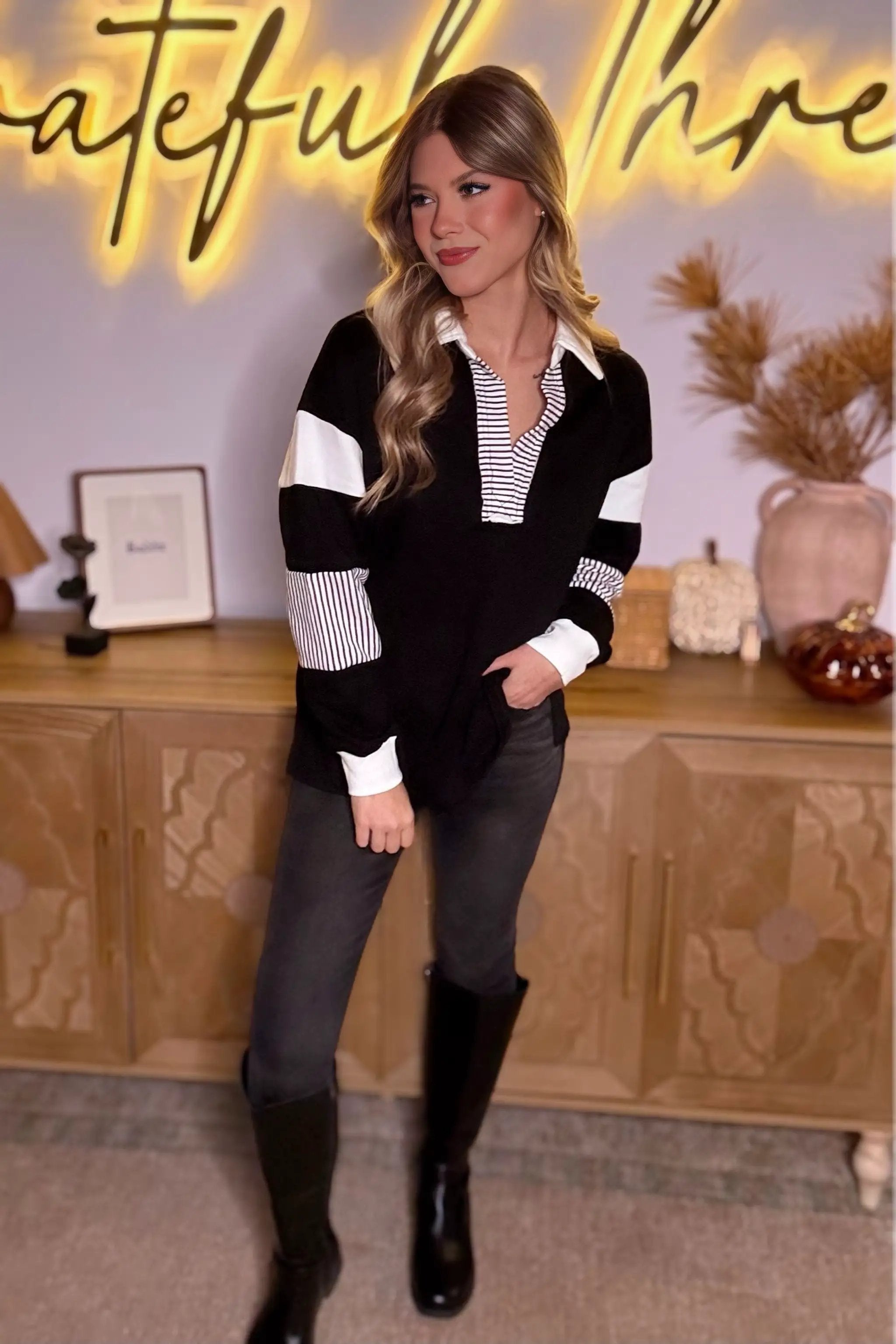 Grateful Threads Boutique Black Striped Colorblock Patchwork Collar Sweatshirt - Sweatshirts Colorblock Collar Sweatshirt