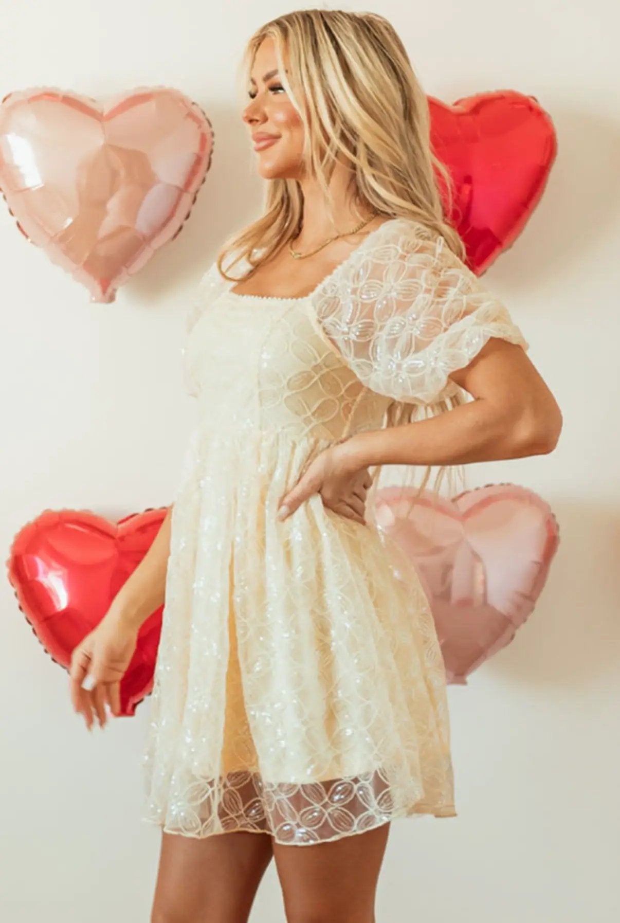 Grateful Threads Boutique Golden Hour Glam Sequin Lace Dress - Dresses Apricot Sequined Lace Mesh Bubble Sleeve Square Neck Dress