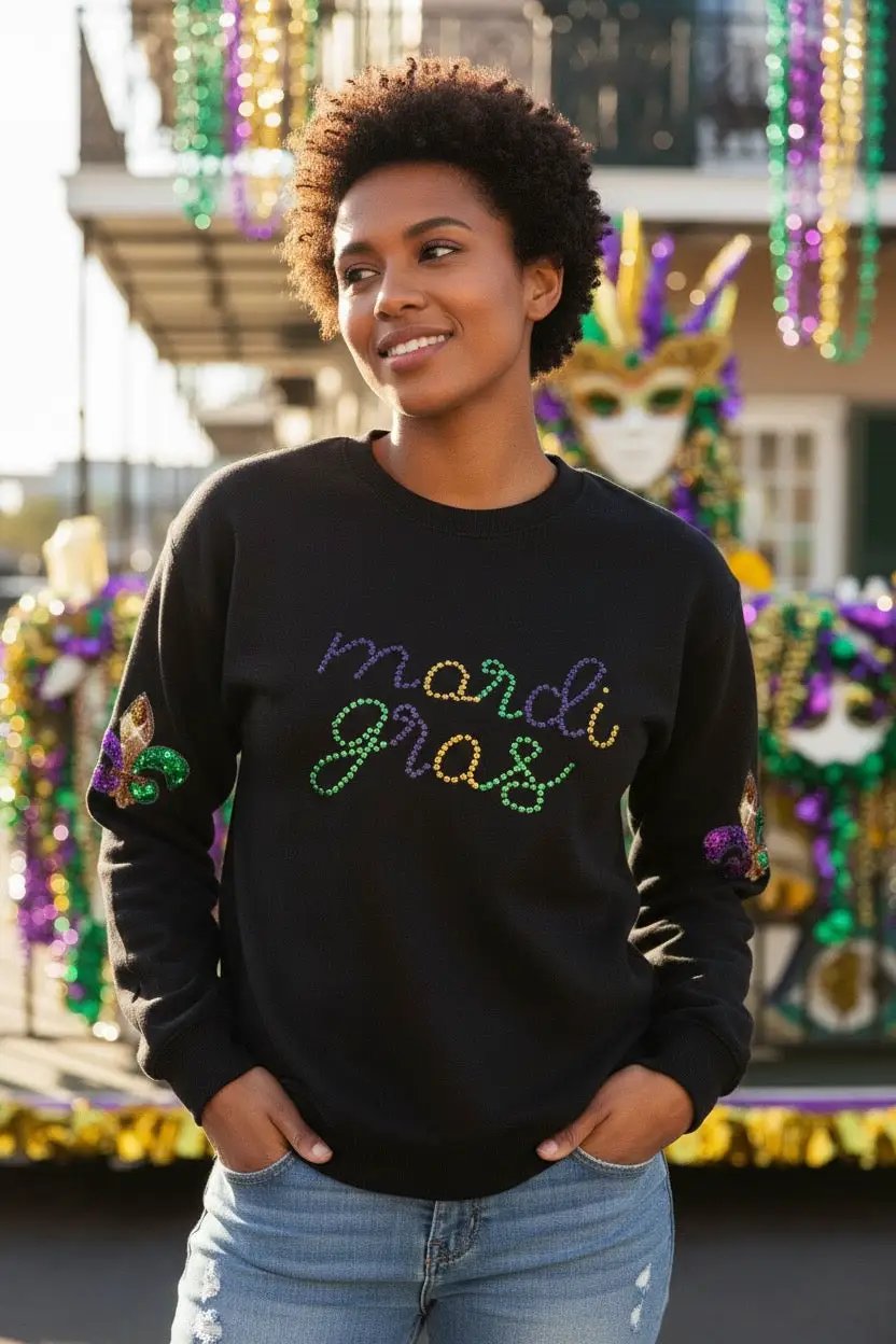 Little Daisy Closet Mardi Gras Sparkle Script Diamond Sweatshirt - Sweatshirts