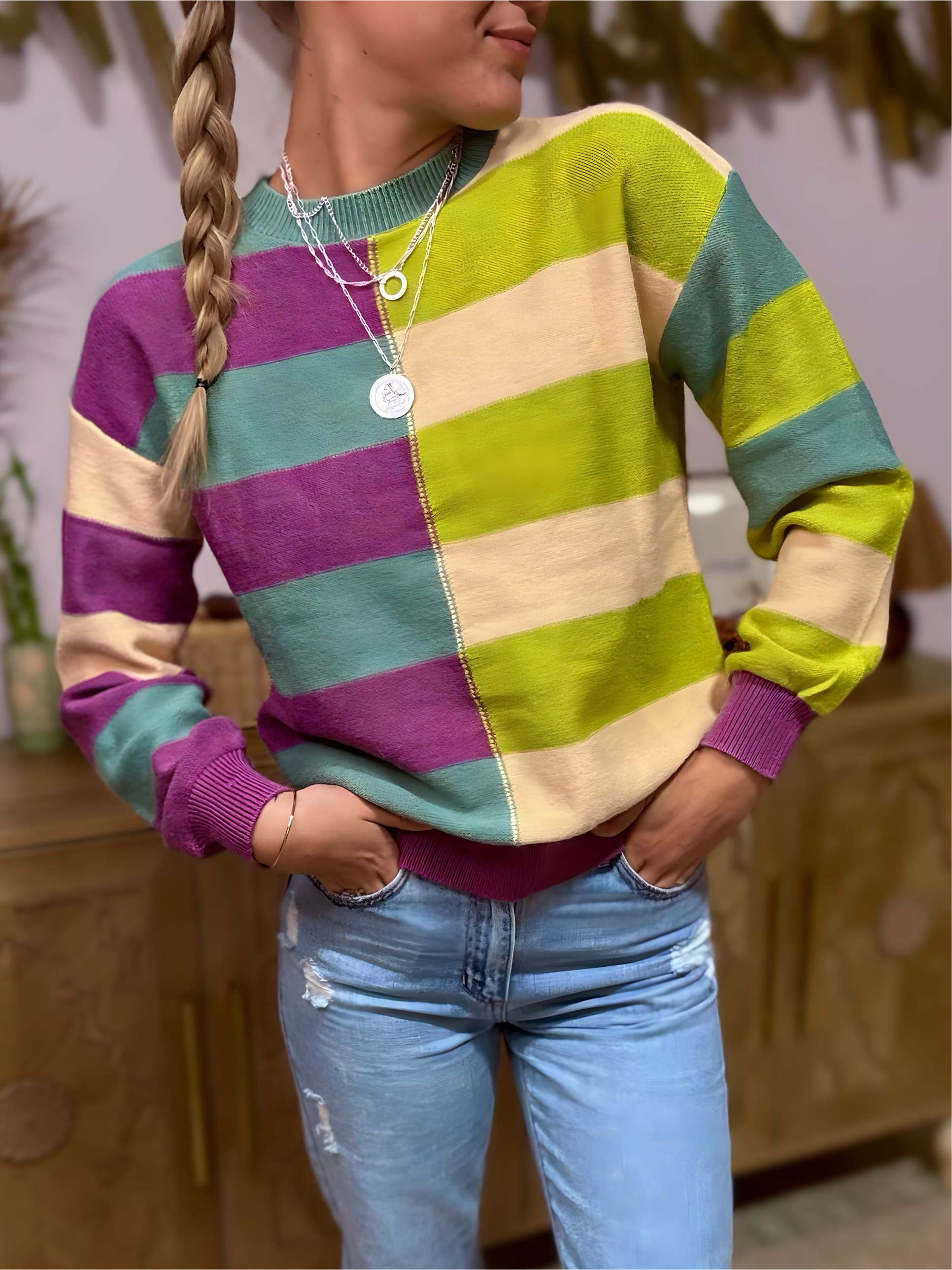Grateful Threads Boutique Green Stripe Drop Shoulder Ribbed Edge Casual Sweater - Sweaters Green Stripe Drop Shoulder Ribbed Edge Casual Sweater