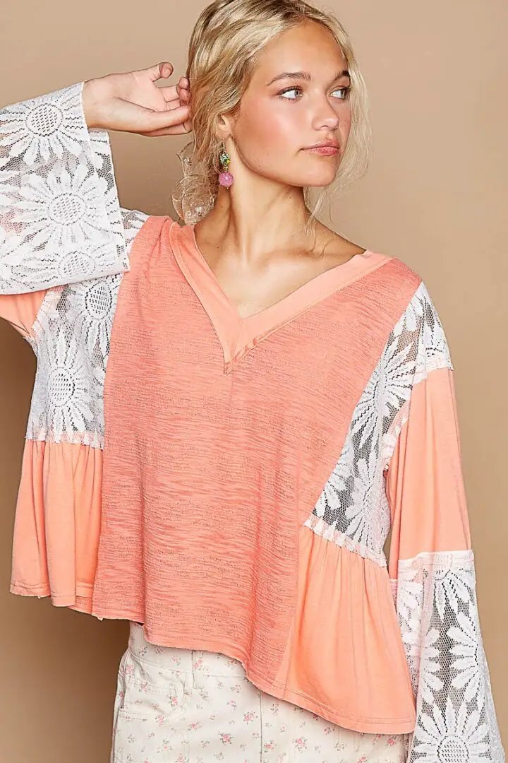POL POL Flare Sleeve Lace Detail Top - Blouses