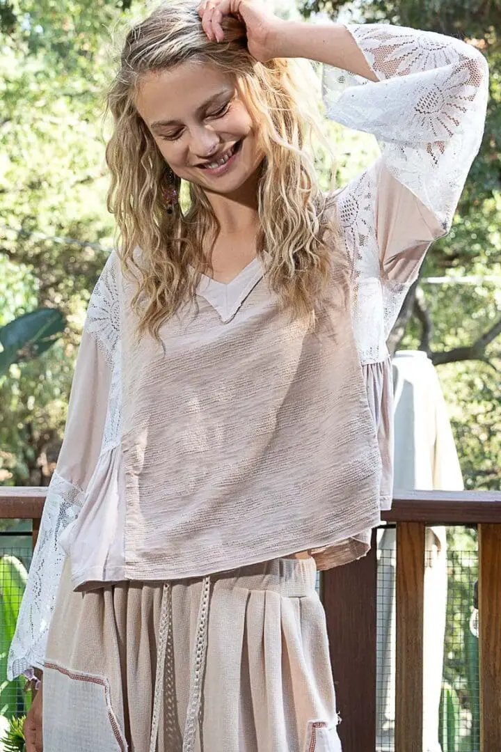 POL POL Flare Sleeve Lace Detail Top - Blouses