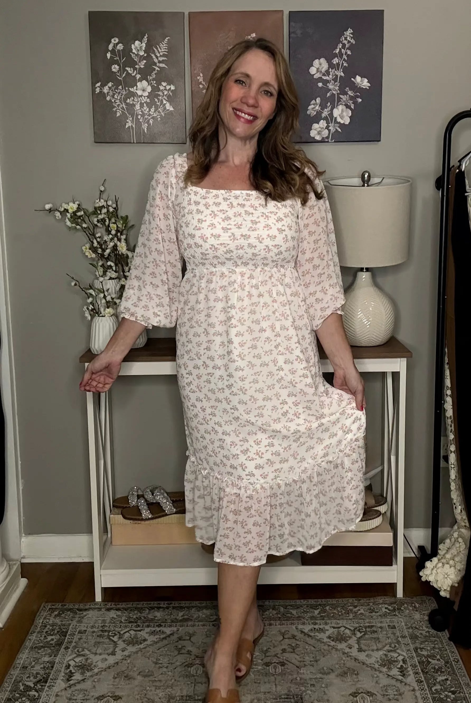 Grateful Threads Boutique White Floral Ruffled Hem Square Neck Midi Dress - Dresses