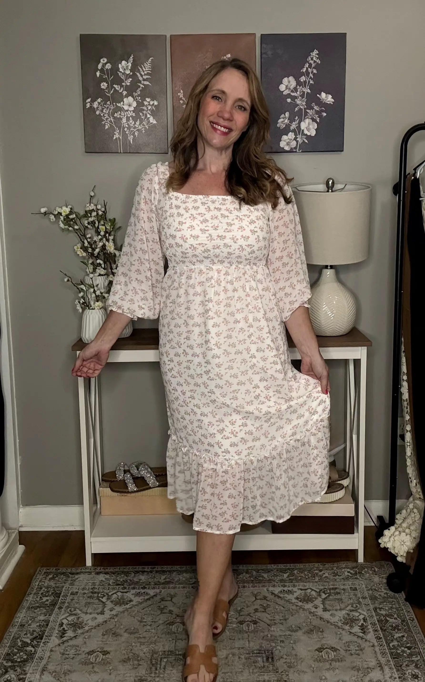 Grateful Threads Boutique White Floral Ruffled Hem Square Neck Midi Dress - Dresses