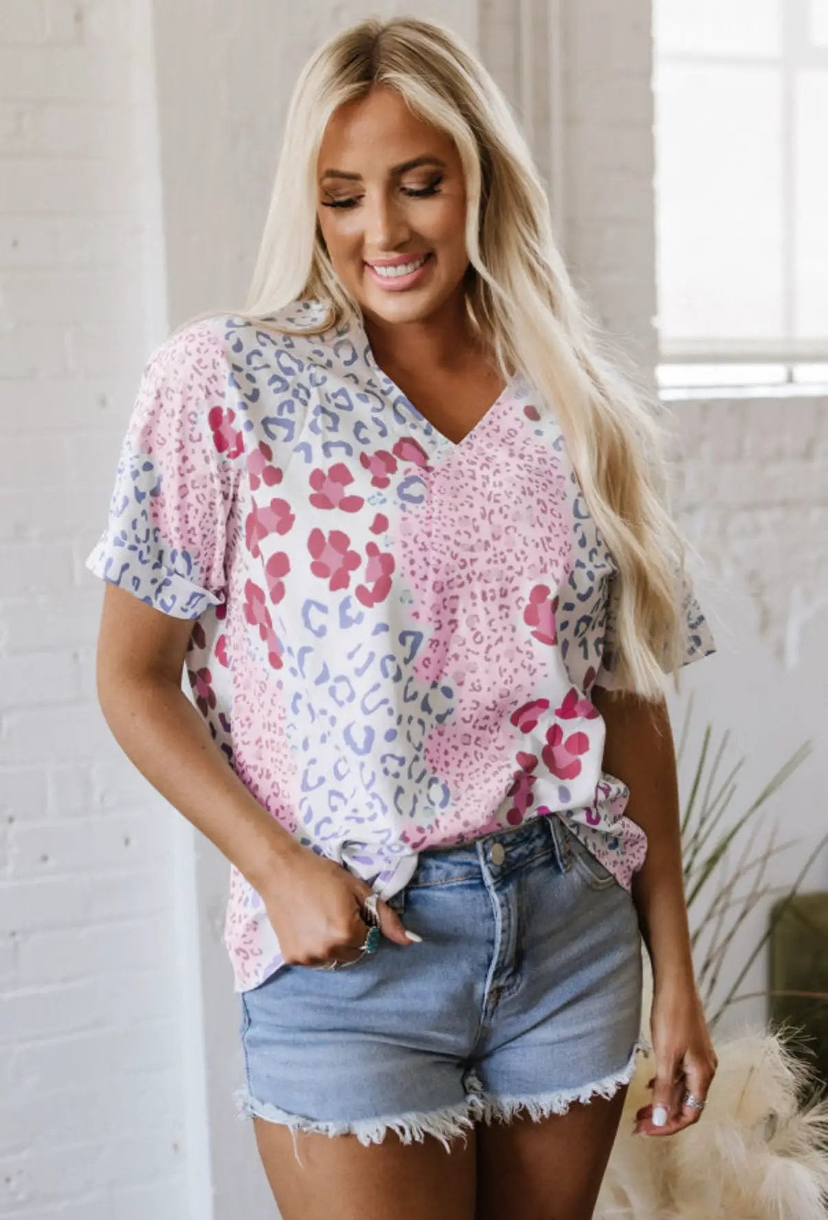 Grateful Threads Boutique Pink Mixed Leopard Print V-Neck Short Sleeve Blouse - Blouses pink mixed leopard print v neck blouse