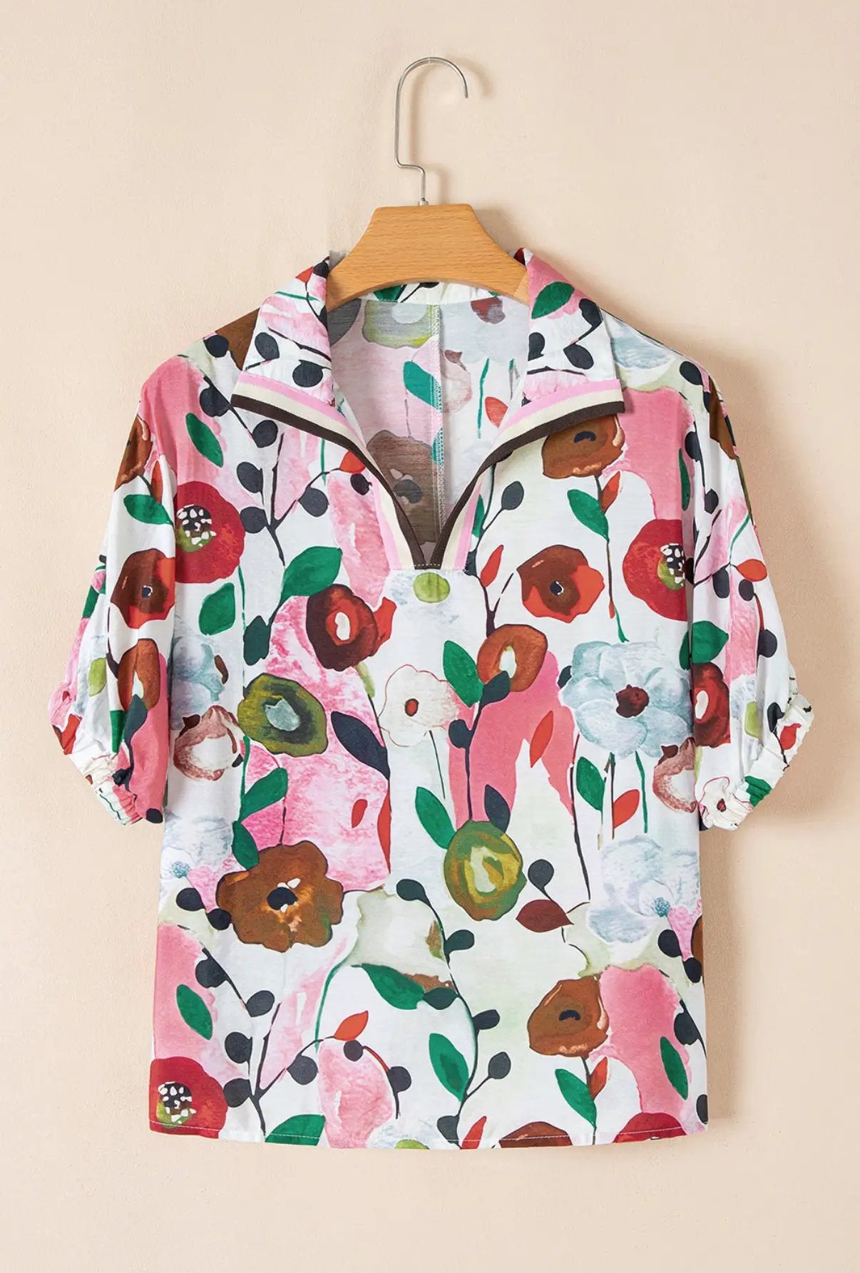 1 the Woman Watercolor Bloom V-Neck Blouse - Blouses Floral Print Slit V Neck Short Sleeve Blouse