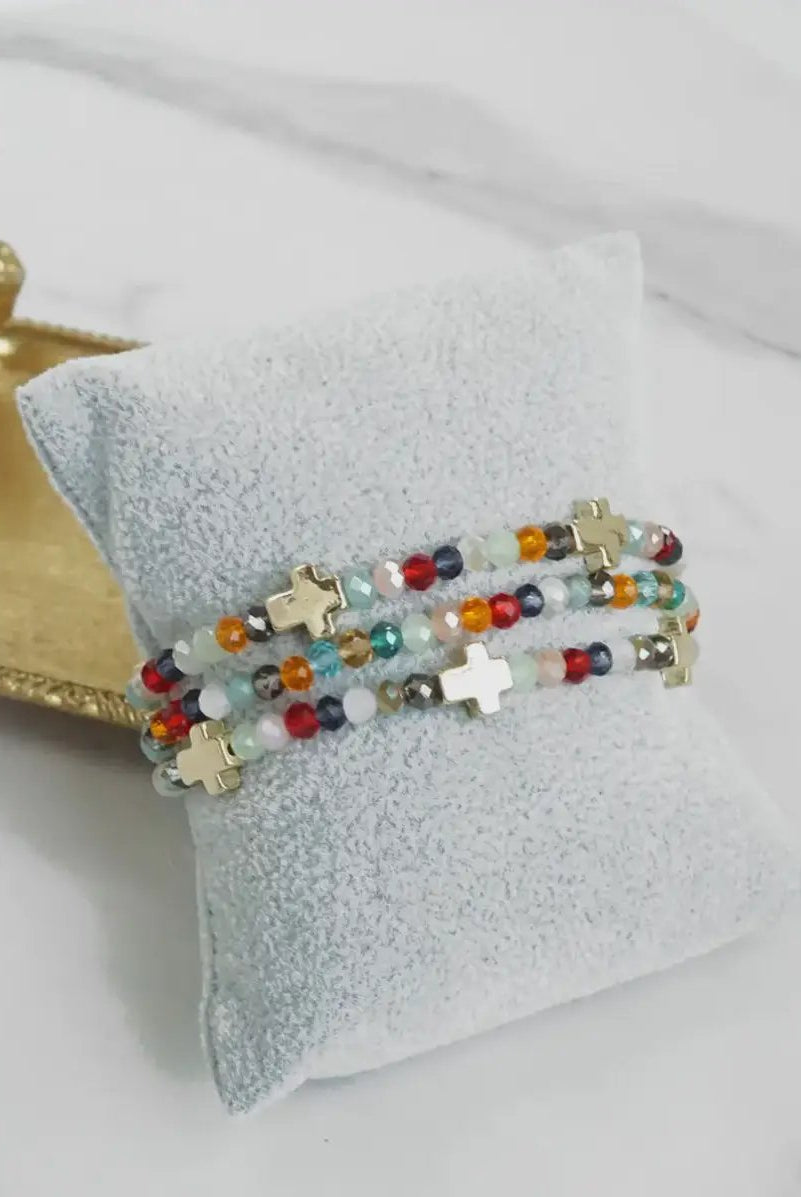 PennyLine inc PennyLine inc - Mini Sideways Cross Bracelet stack Glass and gold metal beads: Multi-Colored - Jewelry mini sideways cross bracelet stack glass and gold metal beads multicolored