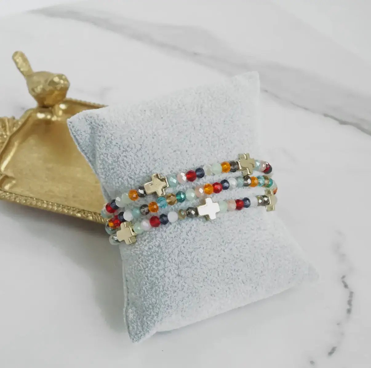 PennyLine inc PennyLine inc - Mini Sideways Cross Bracelet stack Glass and gold metal beads: Multi-Colored - Jewelry mini sideways cross bracelet stack glass and gold metal beads multicolored