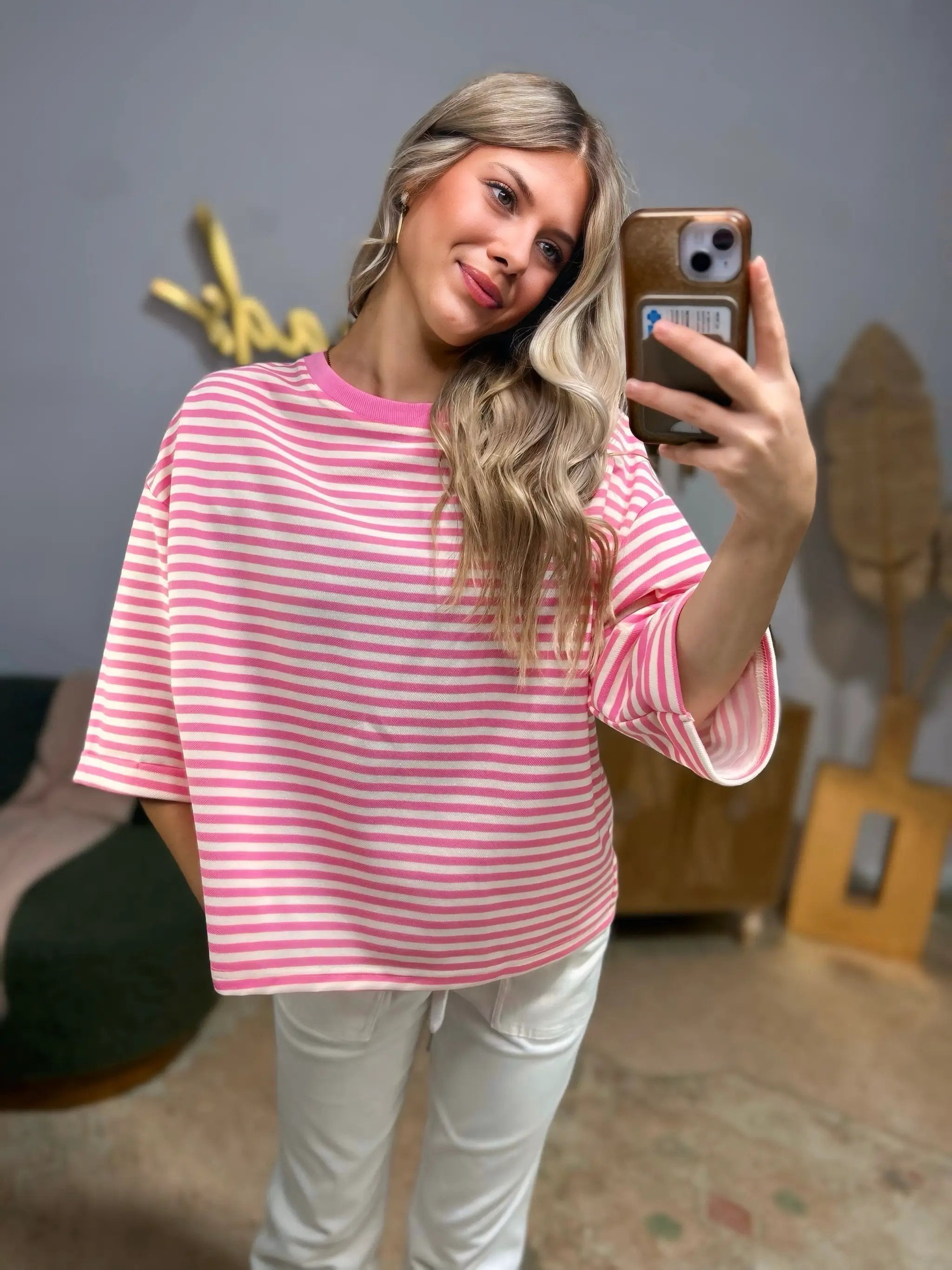 Grateful Threads Boutique Pink Stripe Bowknot Cutout Back Drop Shoulder Wide Bracelet Sleeve Loose Tee - T-Shirts Pink Stripe Bowknot Cutout Back Drop Shoulder Wide Bracelet Sleeve Loose Tee