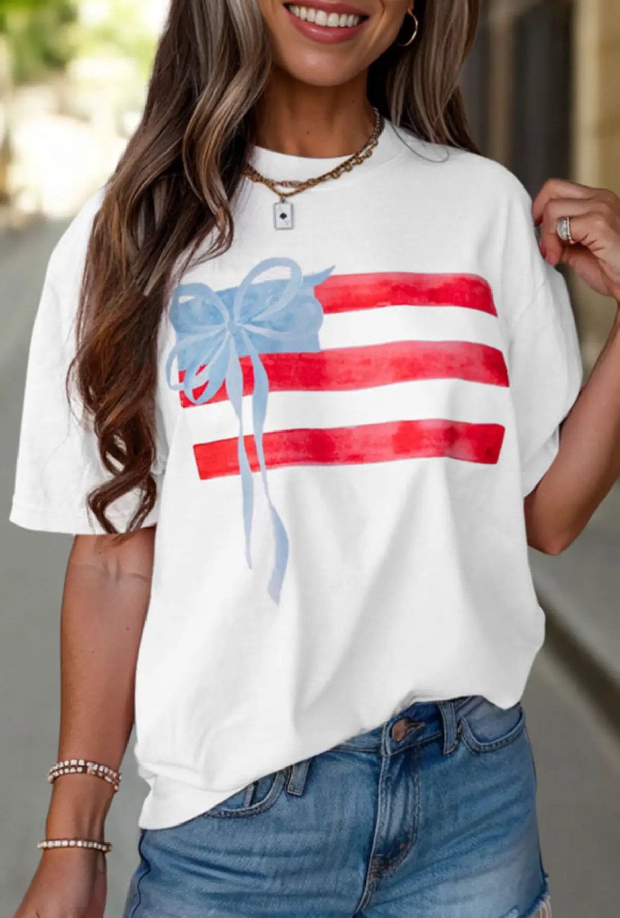 Grateful Threads Boutique White Flag Bow Graphic Crewneck Tee - T-Shirts White Flag Bow Graphic Crewneck Tee