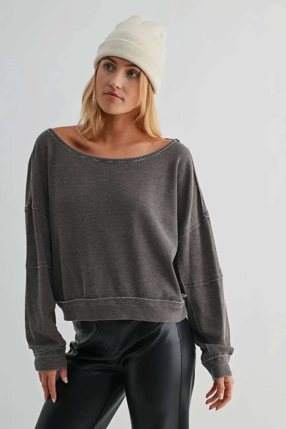Mono B Mono B - Raw Edge Waffle Knit Boatneck Pullover in Espresso - Sweaters Mono B - Raw Edge Waffle Knit Boatneck Pullover