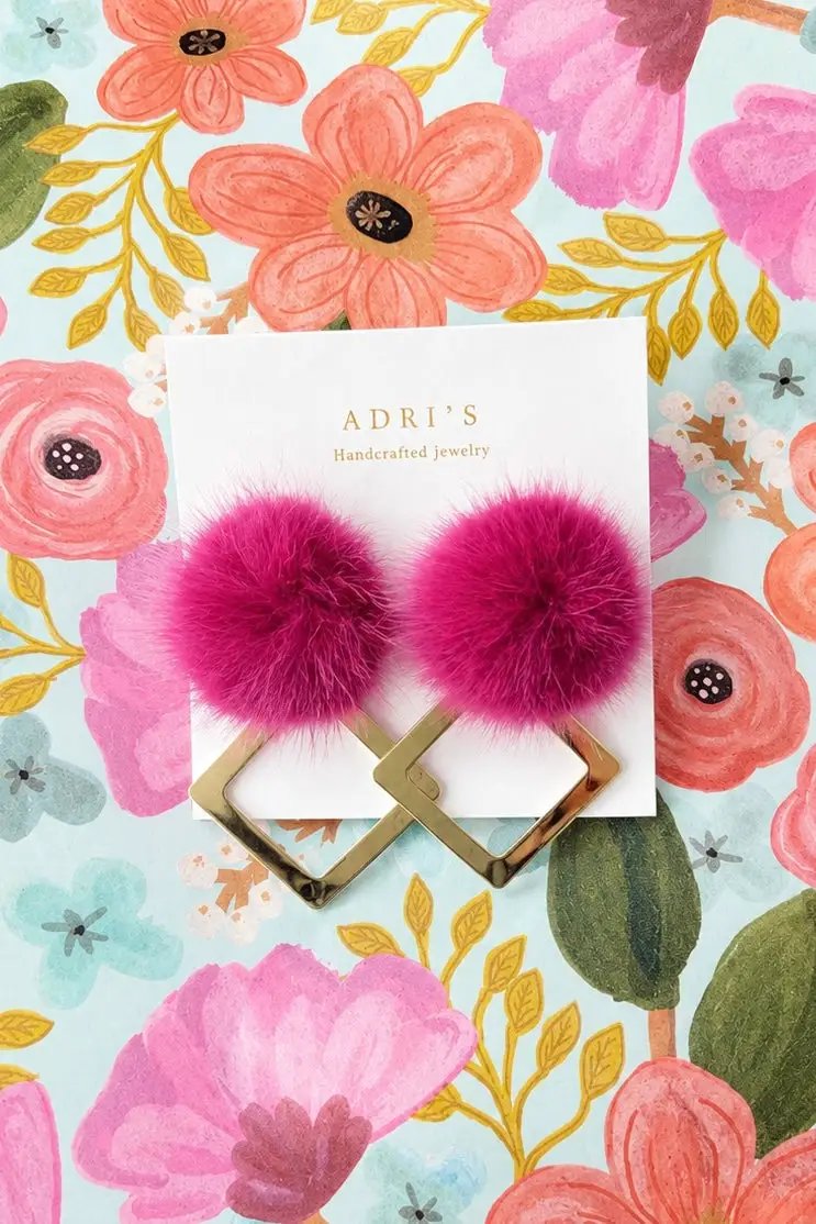 Adri’s The Hot Pink Poof Square Drop Earrings - Earrings