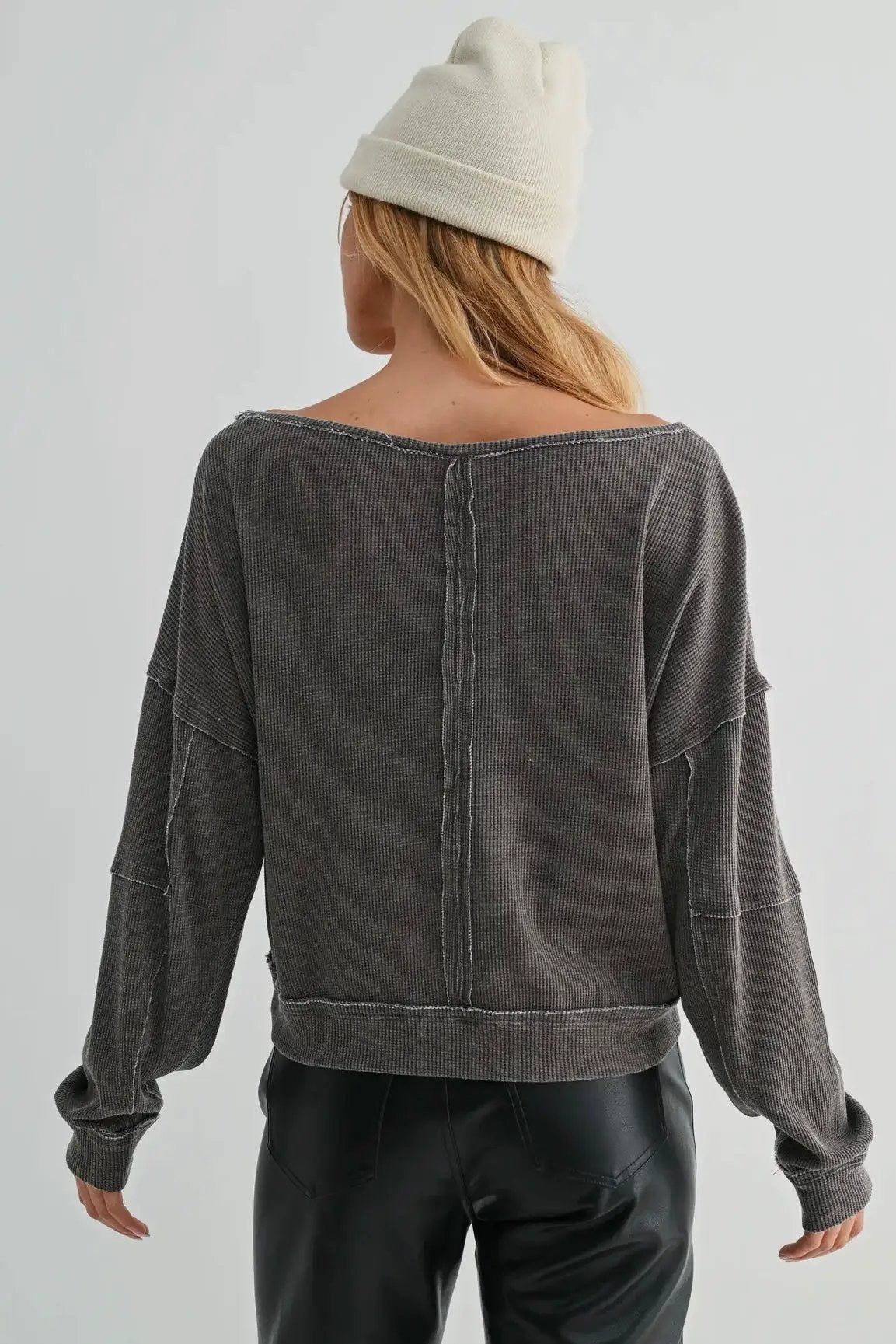 Mono B Mono B - Raw Edge Waffle Knit Boatneck Pullover in Espresso - Sweaters Mono B - Raw Edge Waffle Knit Boatneck Pullover