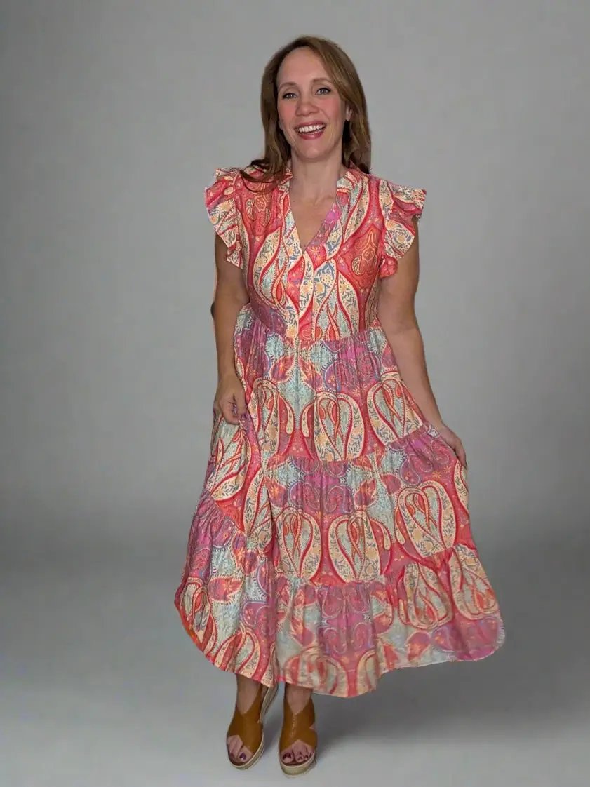Grateful Threads Boutique Rose Tribal Paisley Print Ruffled Sleeve Notch Neck Midi Dress - Dresses Rose Tribal Paisley Print Ruffled Sleeve Notch Neck Midi Dress