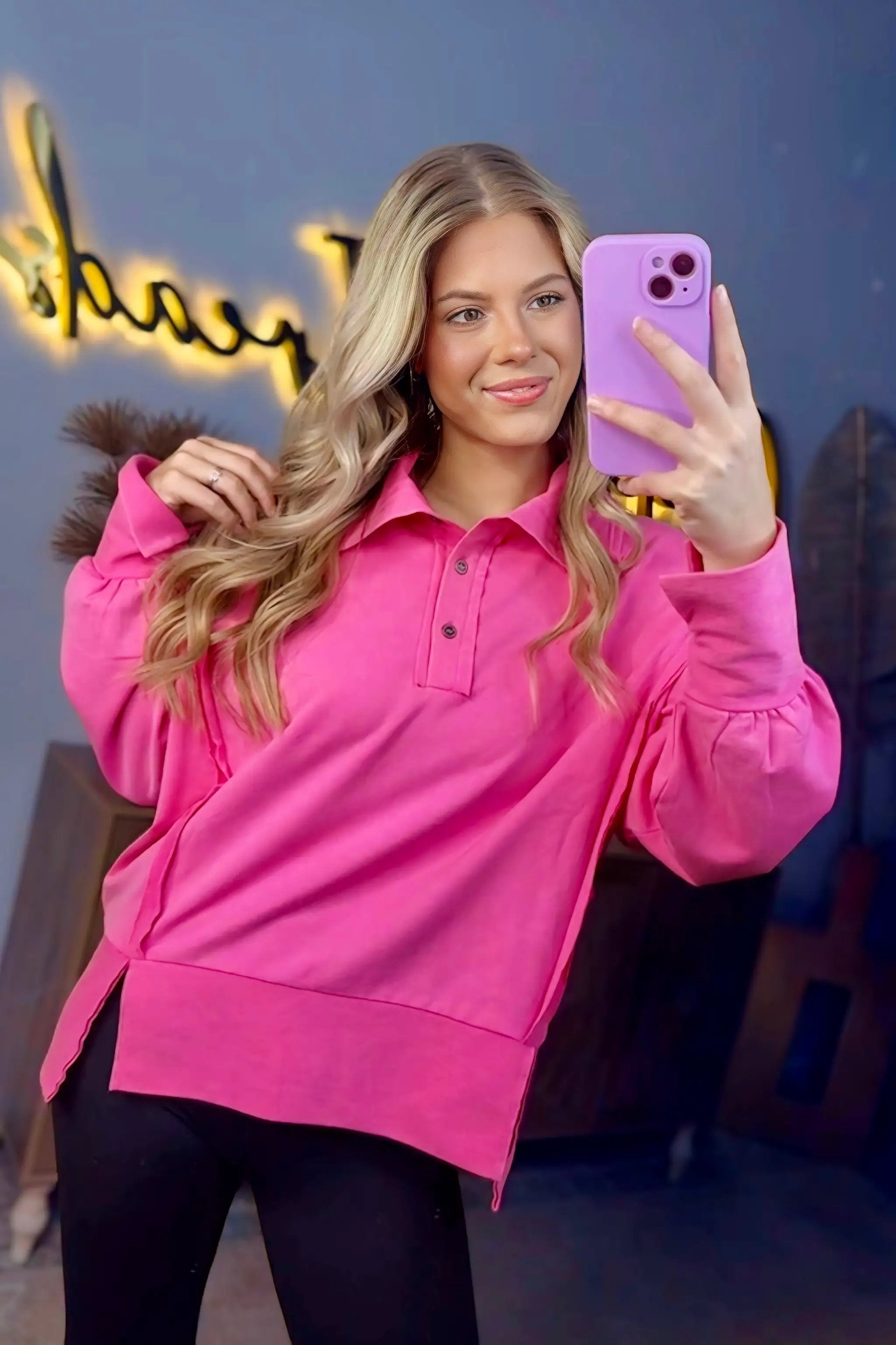 Oddi Hot Raspberry Raw Hem Collared Sweatshirt by Oddi - Sweatshirts Pink collared button up sweatshirt