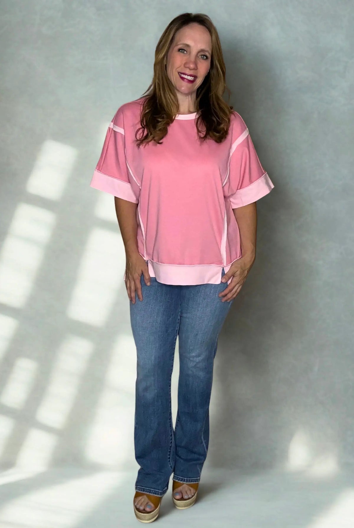 Grateful Threads Boutique Peach Blossom Half Sleeve Raw Seam High Low Side Split Top - Clothing Tops Peach Blossom Half Sleeve Raw Seam High Low Side Split