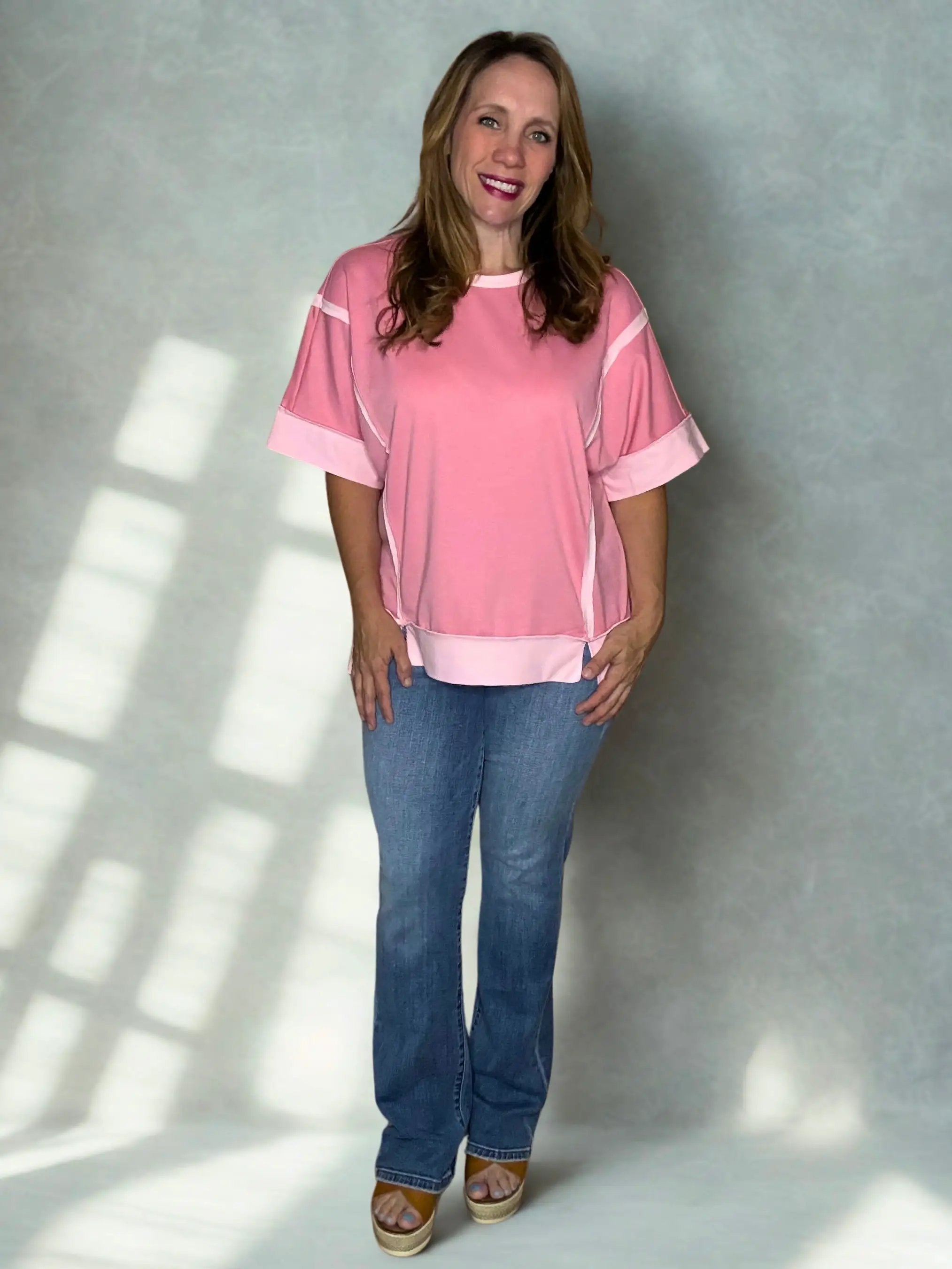 Grateful Threads Boutique Peach Blossom Half Sleeve Raw Seam High Low Side Split Top - Clothing Tops Peach Blossom Half Sleeve Raw Seam High Low Side Split