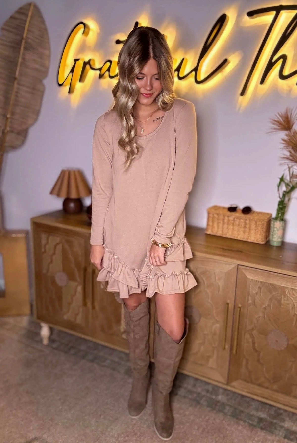 Grateful Threads Boutique Barely Blushing Ruffle Hem Mini Dress - Dresses Goat Scoop Neck Tiered Ruffled Hem Long Sleeve Mini Dress