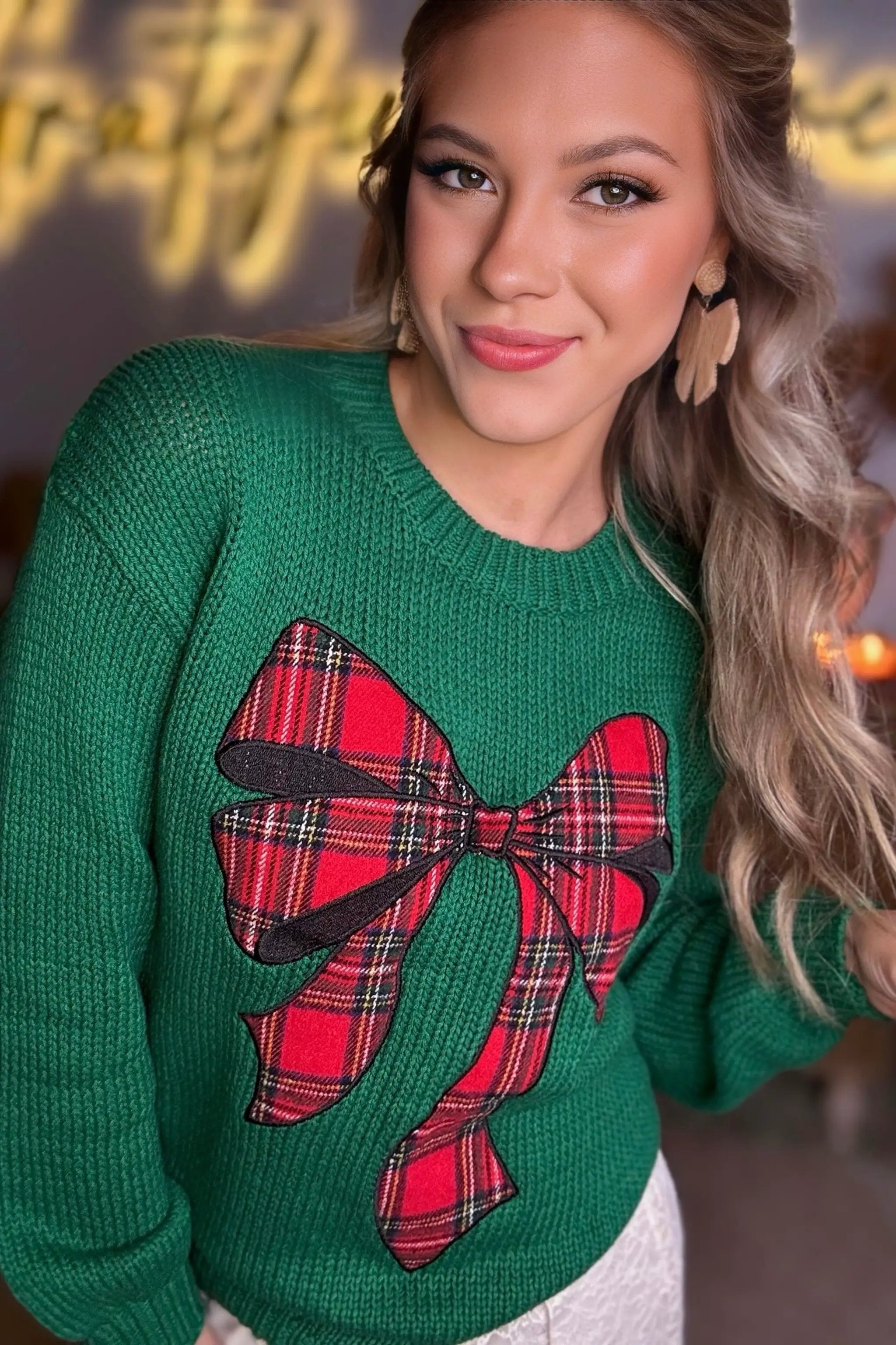 Grateful Threads Boutique Evergreen Plaid Bow Holiday Sweater - Sweaters Evergreen Plaid Bow Graphic Christmas Sweater