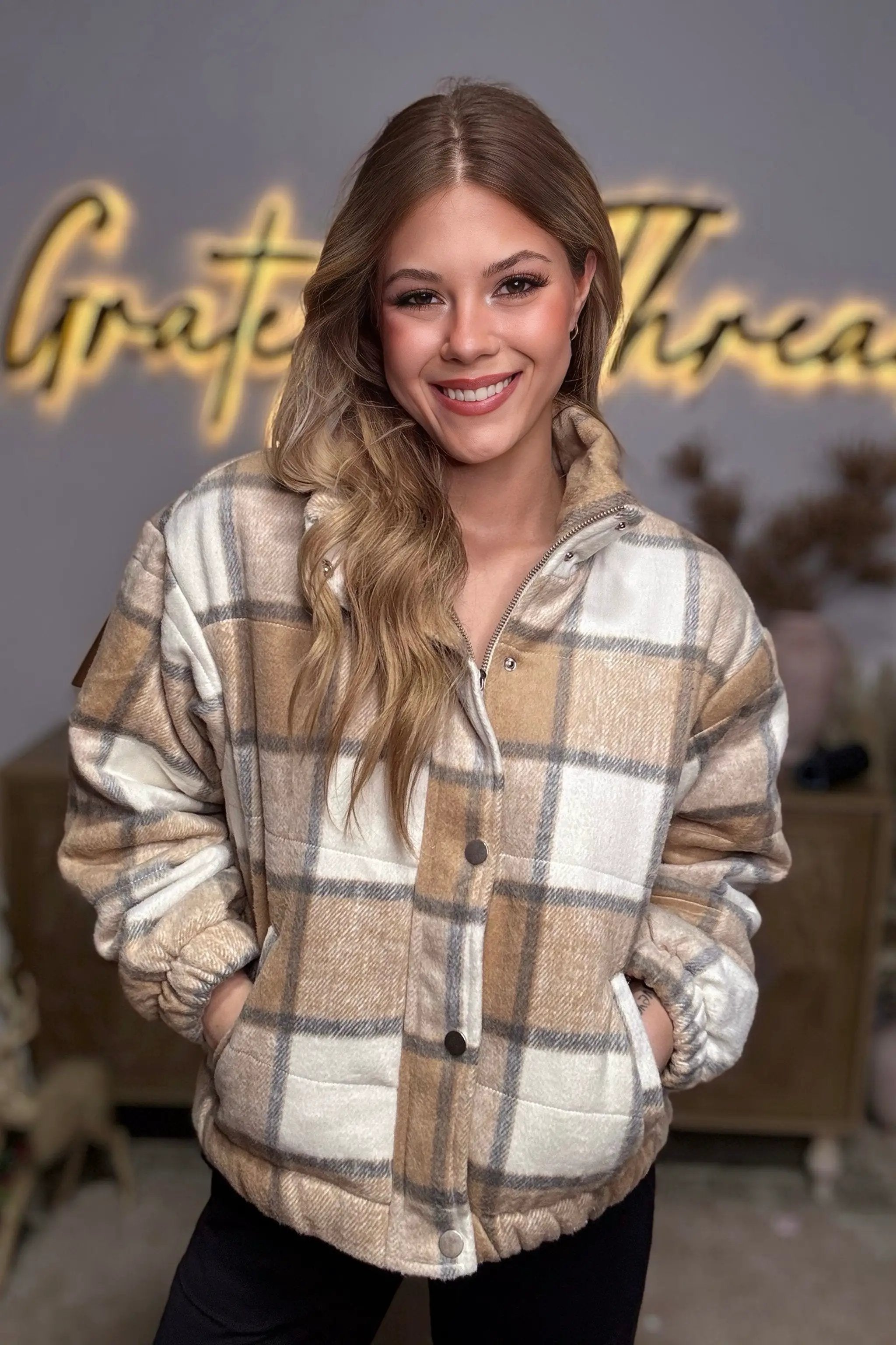 Gilli Plaid Cropped Teddy Jacket - Coats & Jackets