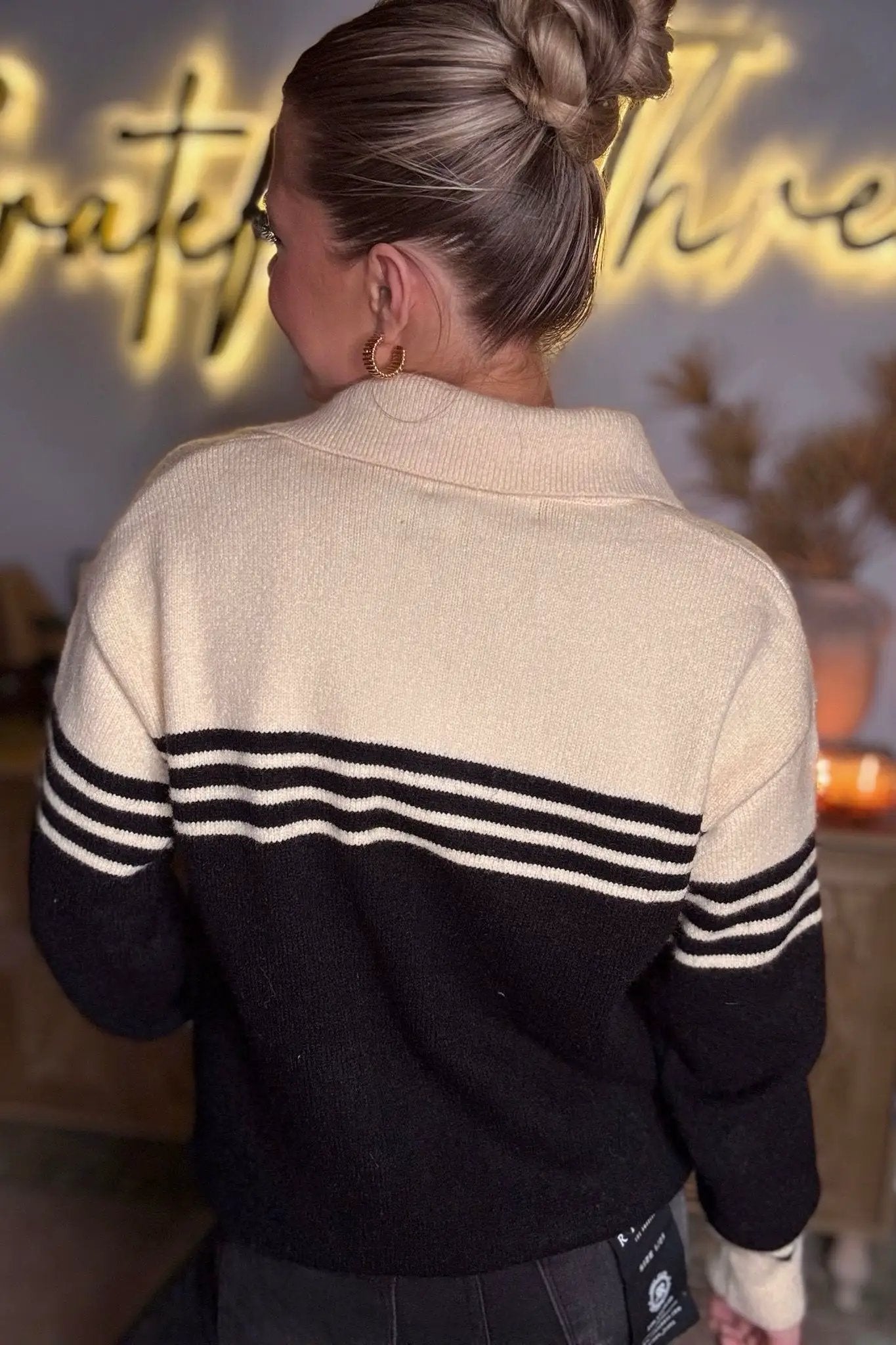 Grateful Threads Boutique Black Colorblock Stripe Collared V Neck Sweater - Sweaters Black Colorblock Stripe Collared V Neck Sweater