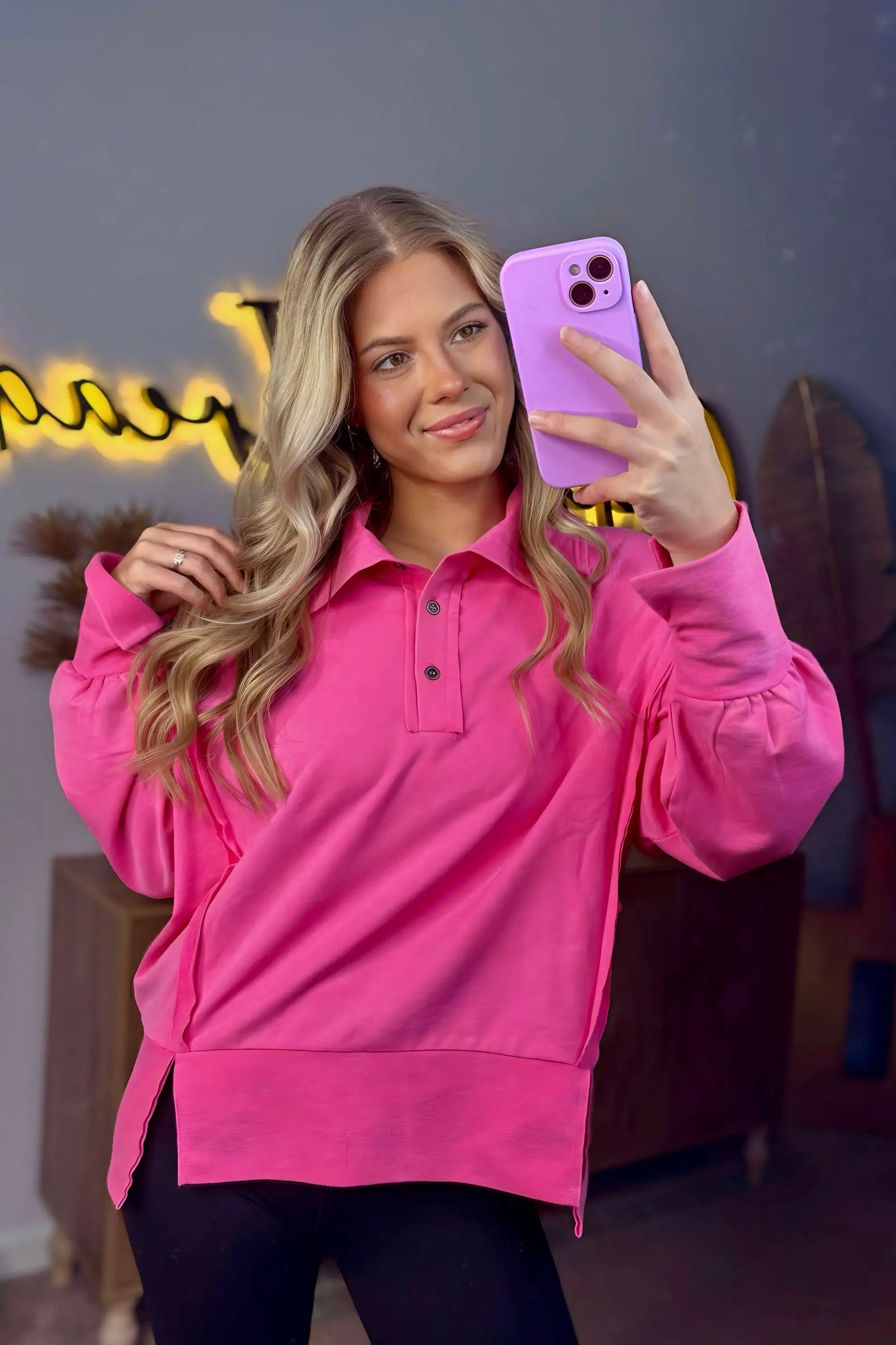 Oddi Hot Raspberry Raw Hem Collared Sweatshirt by Oddi - Sweatshirts Pink collared button up sweatshirt