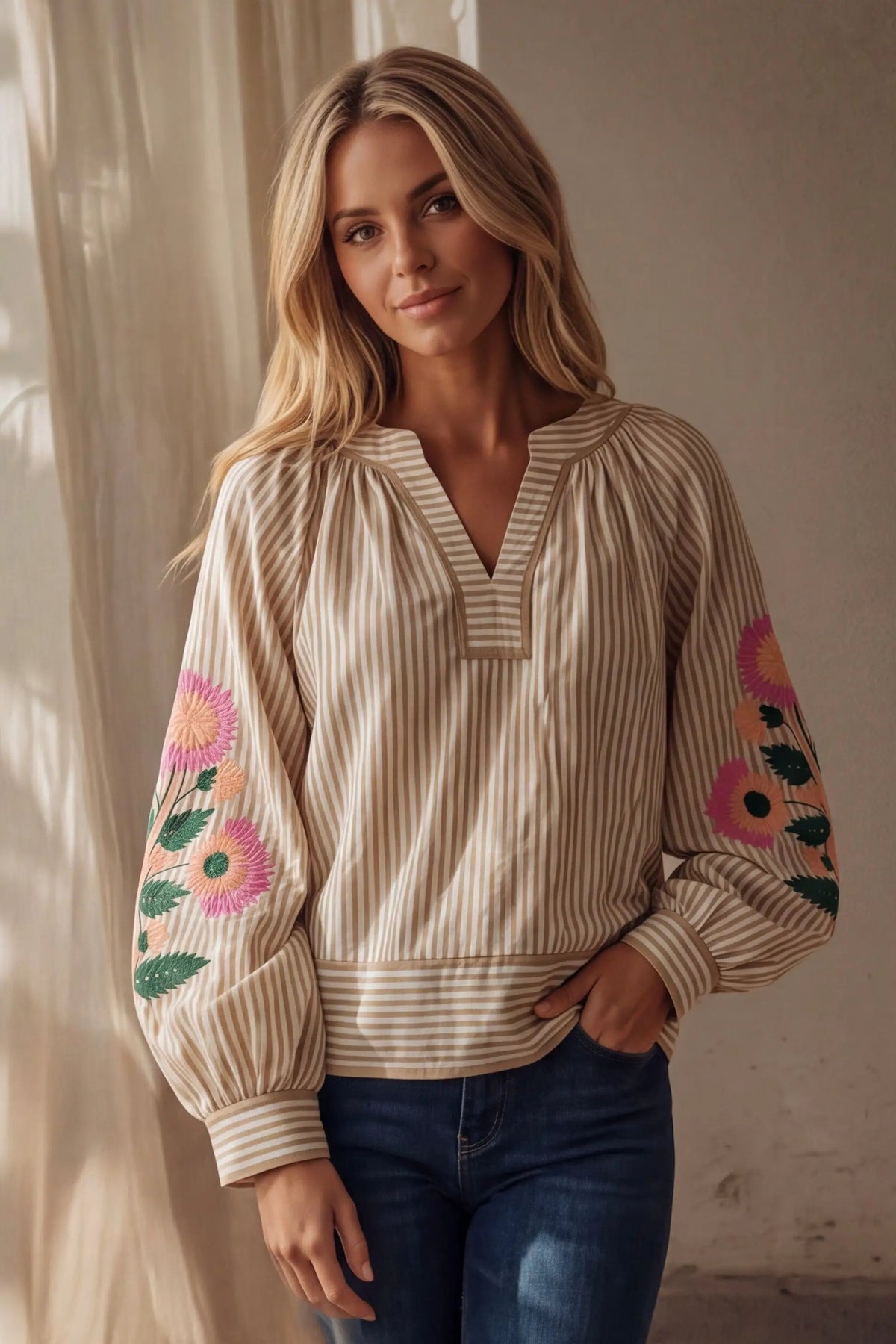 Southern Belle Khaki Stripe Audrey Blouse by Grateful Threads Boutique, floral embroidery on sleeves.