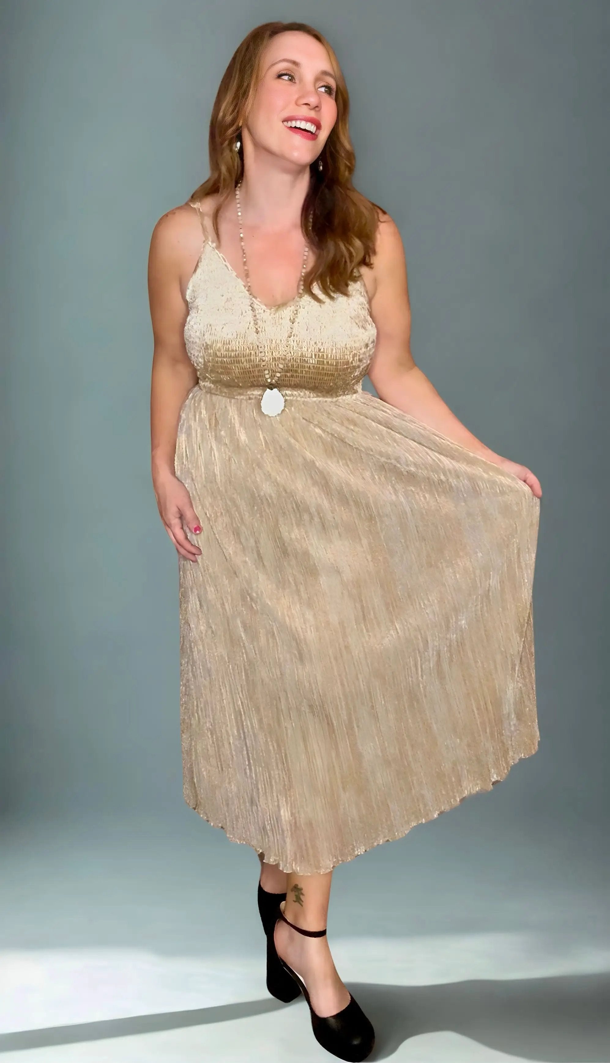 Mystree Mystree Shiny Mixed Cami Midi Dress in Champagne - Dresses
