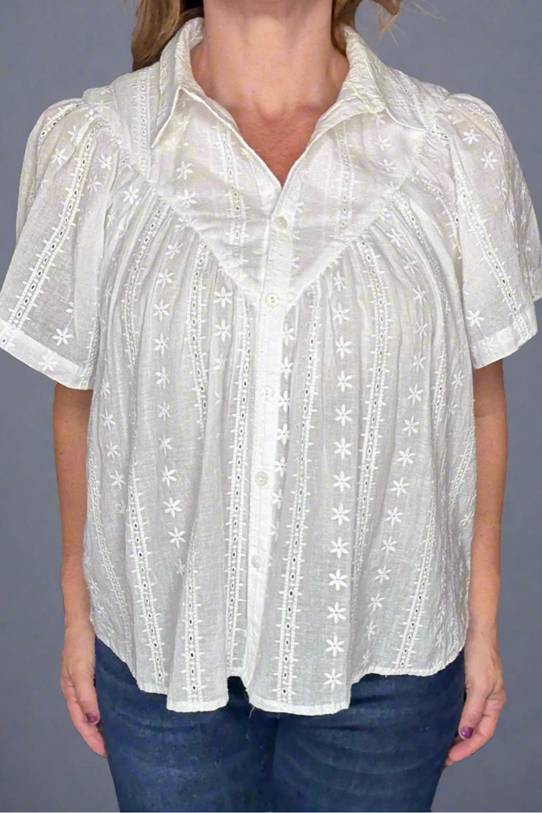 En Crème En Crème White Short Sleeve Lace Button Down Shirt - Shirts white short sleeve lace button down shirt