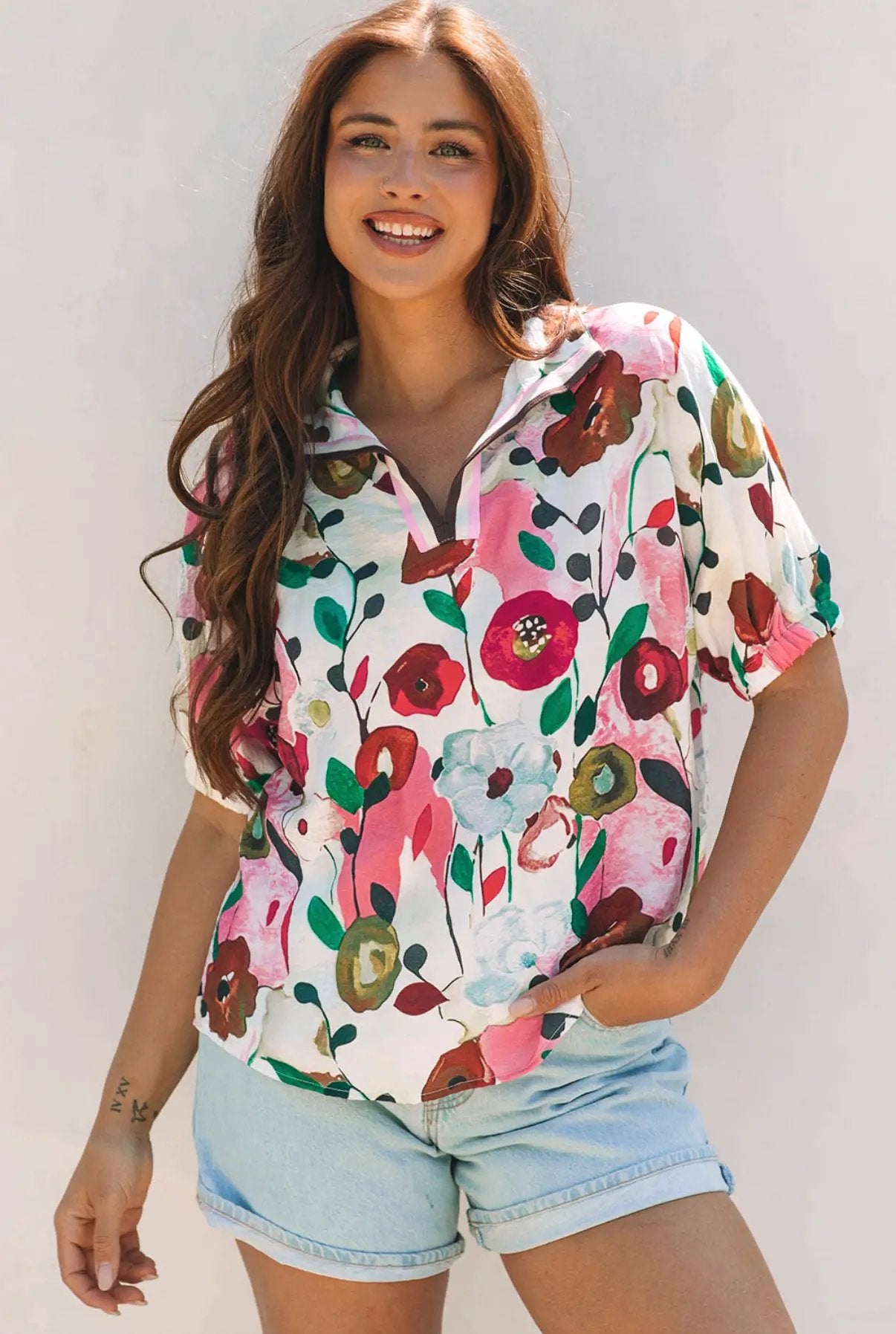 1 the Woman Watercolor Bloom V-Neck Blouse - Blouses Floral Print Slit V Neck Short Sleeve Blouse