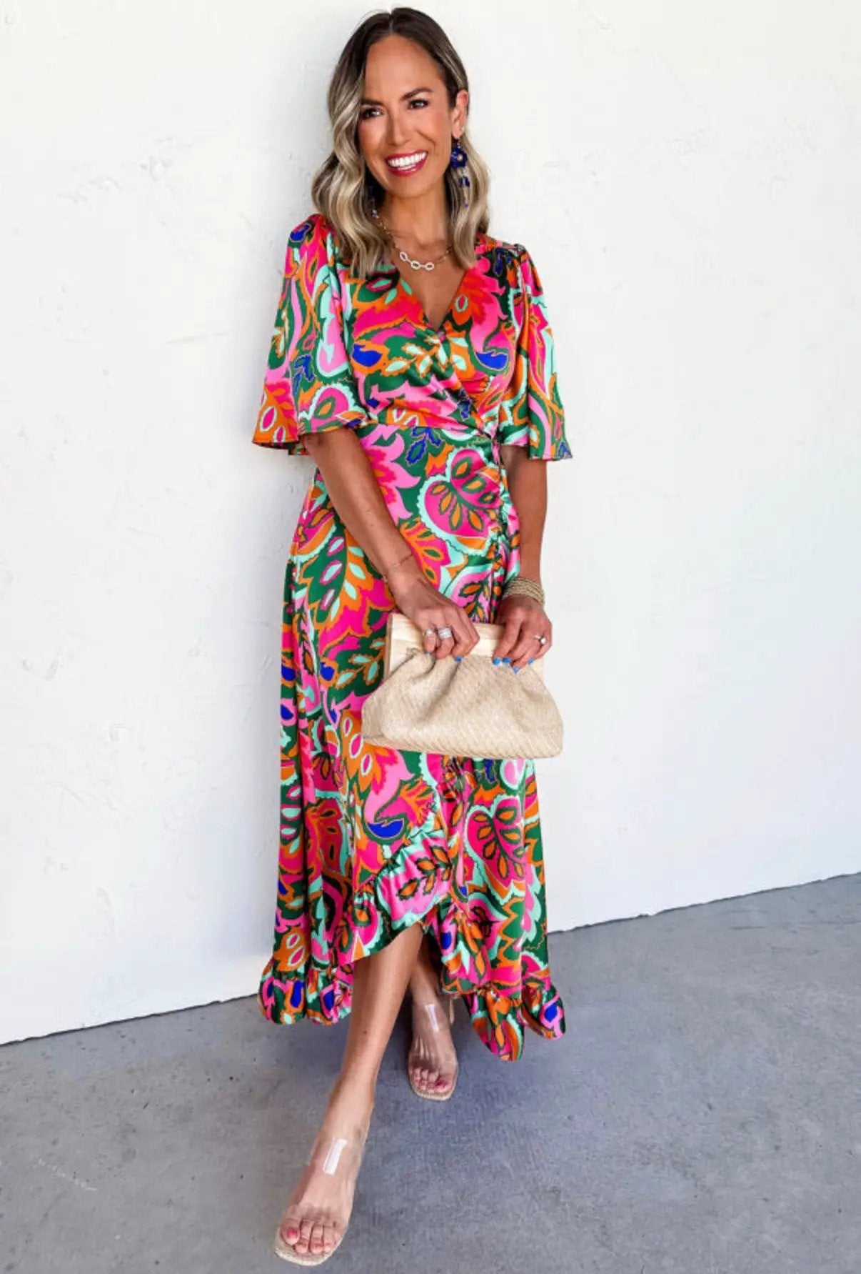 Grateful Threads Boutique Rose Summer Plant Print Surpliced V-Neck Ruffled Asymmetric Slit Short Sleeve Maxi Dress - Dresses