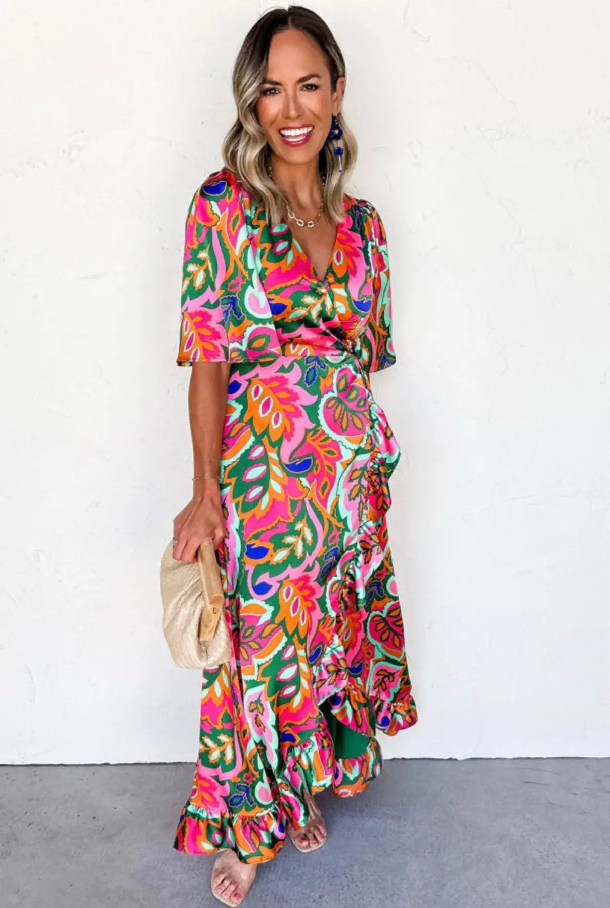 Grateful Threads Boutique Rose Summer Plant Print Surpliced V-Neck Ruffled Asymmetric Slit Short Sleeve Maxi Dress - Dresses