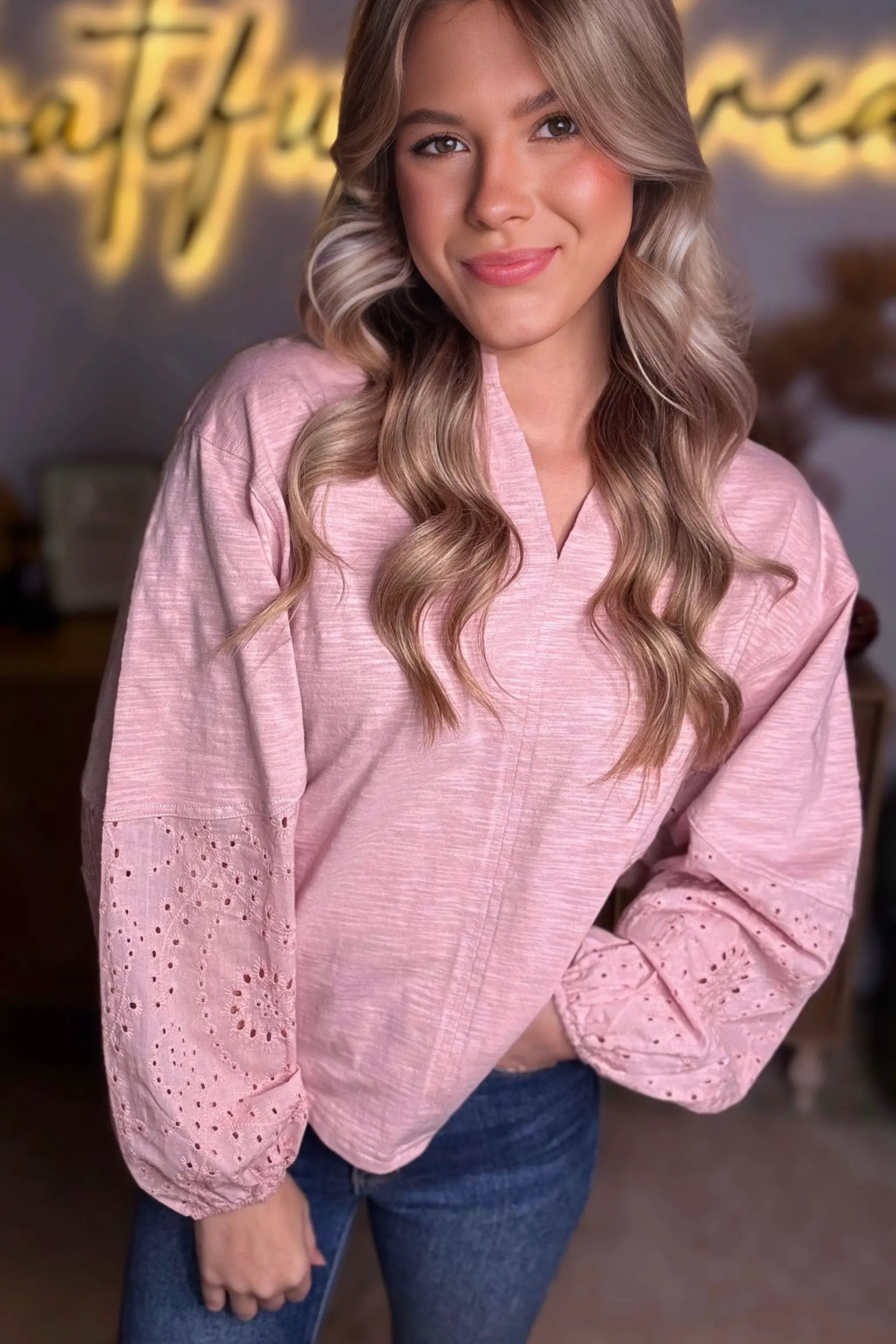 Grateful Threads Boutique Light Pink Keyhole V-Neck Batwing Sleeve Blouse – Trendy Casual Top - Blouses Light Pink Keyhole Notch V Neck Batwing Sleeve Blouse
