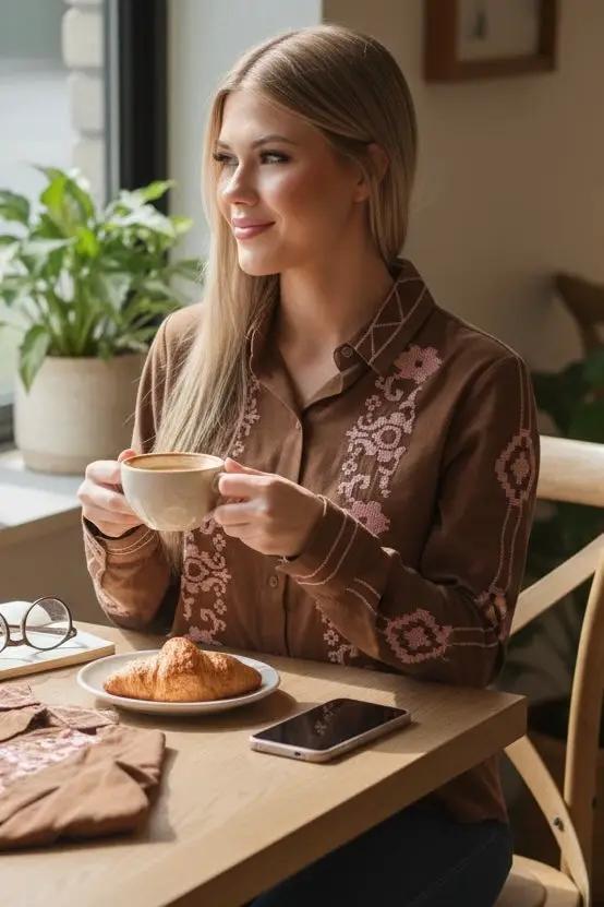 &MERCI &merci - Embroidered Button-Up Top in Mocha Brown - Blouses