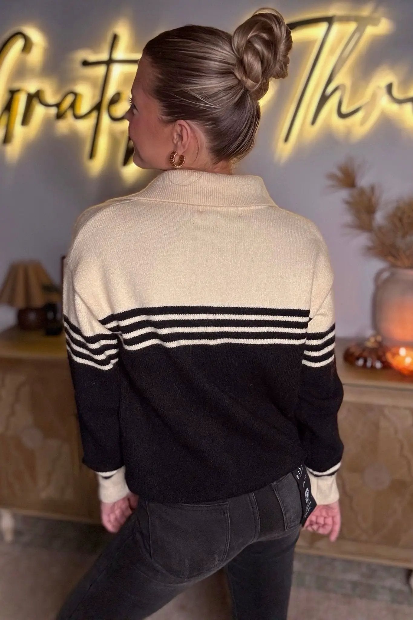 Grateful Threads Boutique Black Colorblock Stripe Collared V Neck Sweater - Sweaters Black Colorblock Stripe Collared V Neck Sweater