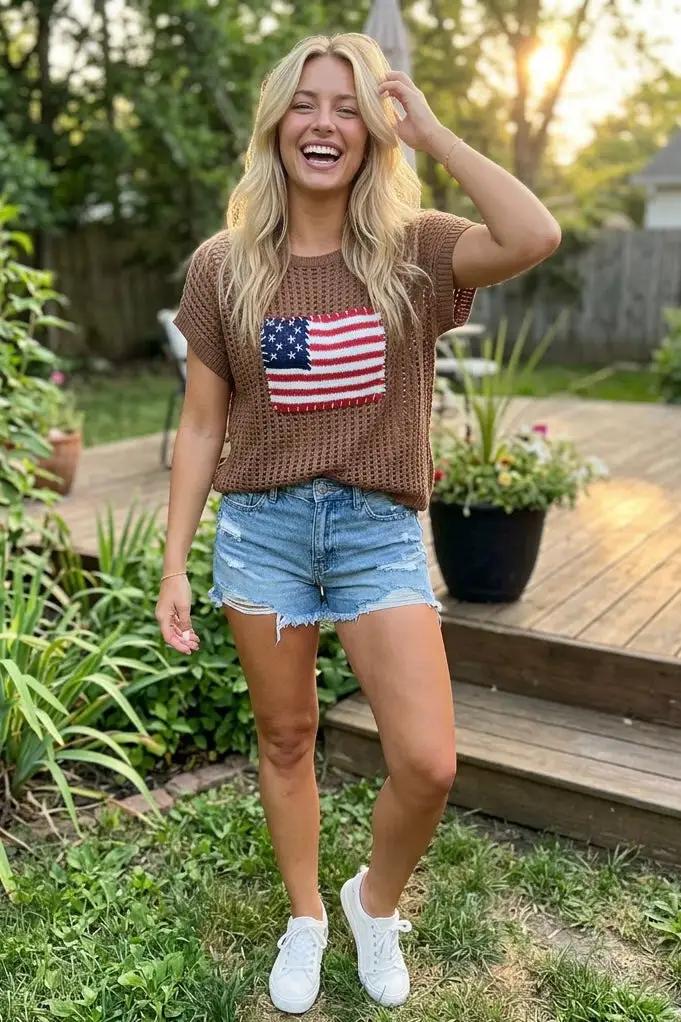 Zenana The American Flag Knit Pullover Sweater Top - Blouses