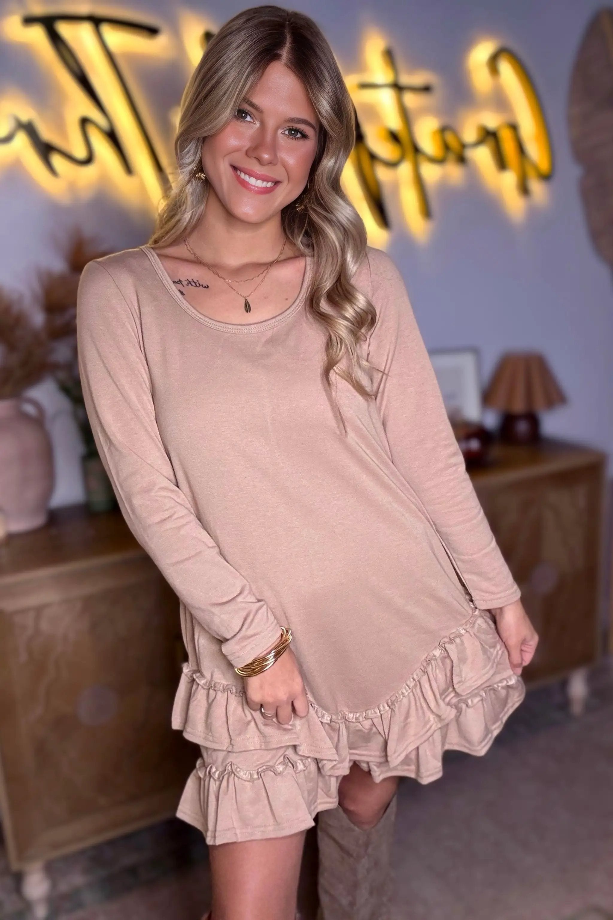 Grateful Threads Boutique Barely Blushing Ruffle Hem Mini Dress - Dresses Goat Scoop Neck Tiered Ruffled Hem Long Sleeve Mini Dress