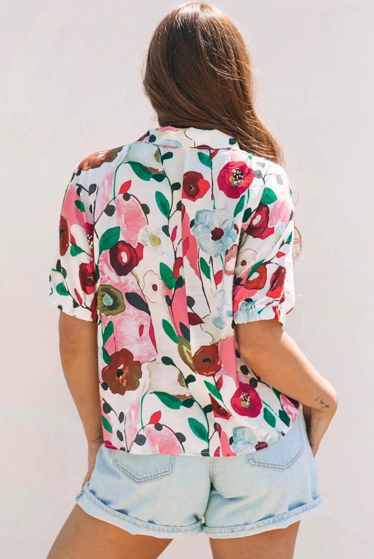 1 the Woman Watercolor Bloom V-Neck Blouse - Blouses Floral Print Slit V Neck Short Sleeve Blouse