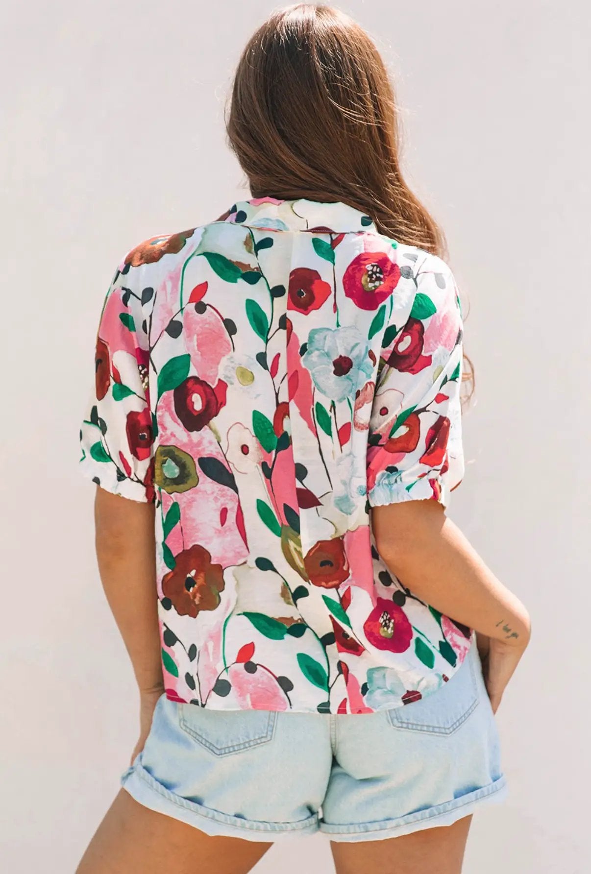 1 the Woman Watercolor Bloom V-Neck Blouse - Blouses Floral Print Slit V Neck Short Sleeve Blouse