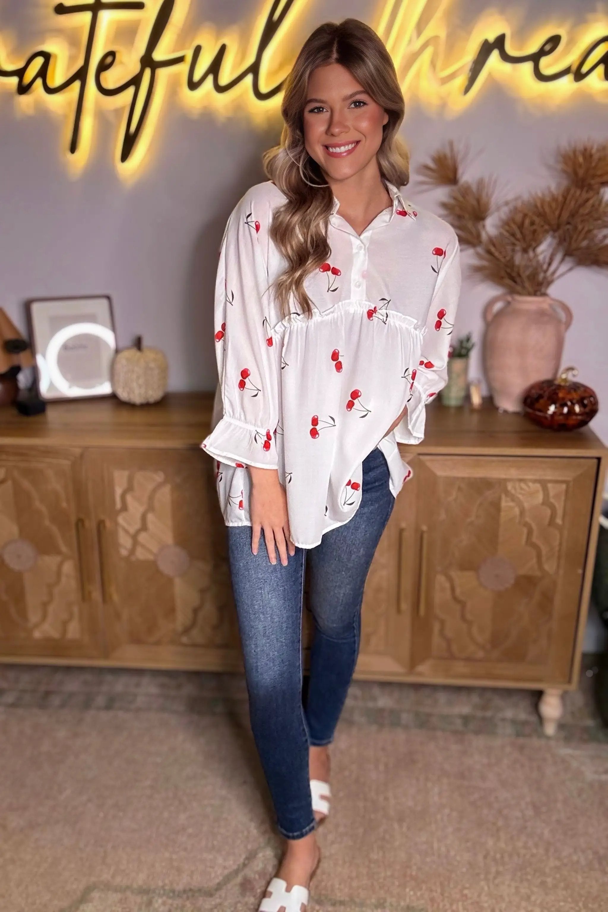Grateful Threads Boutique White Cherry Print Flounce Sleeve Collared Frilled Babydoll Blouse - Blouses White Cherry Print Flounce Sleeve Collared Frilled Babydoll Blouse